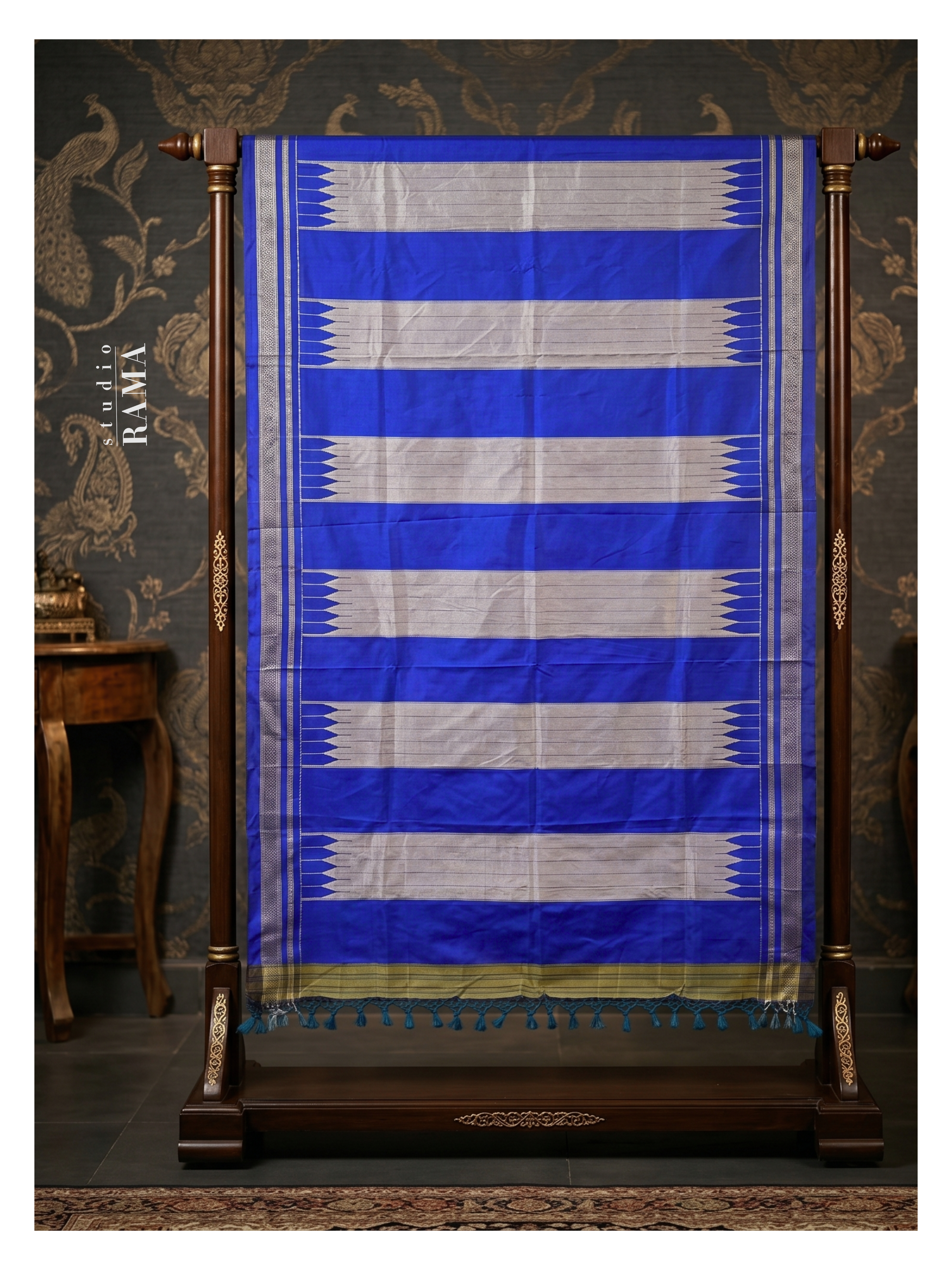 Ilkal Silk Saree – Royal Blue & Silver Striped Weave with Traditional Border