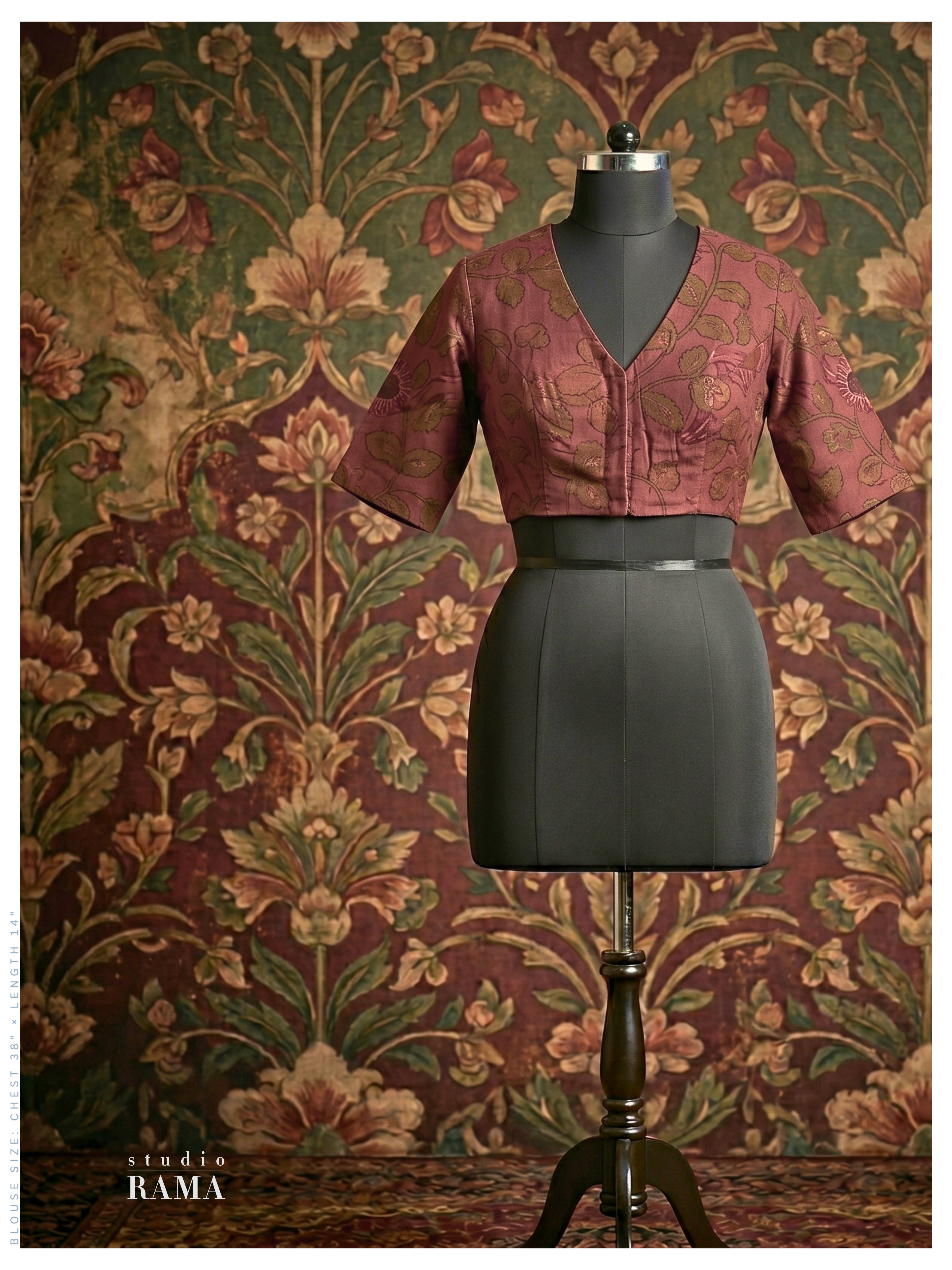 Silk Cotton Woven Blouse (Chest 38") – Wine Maroon Floral with V Neck