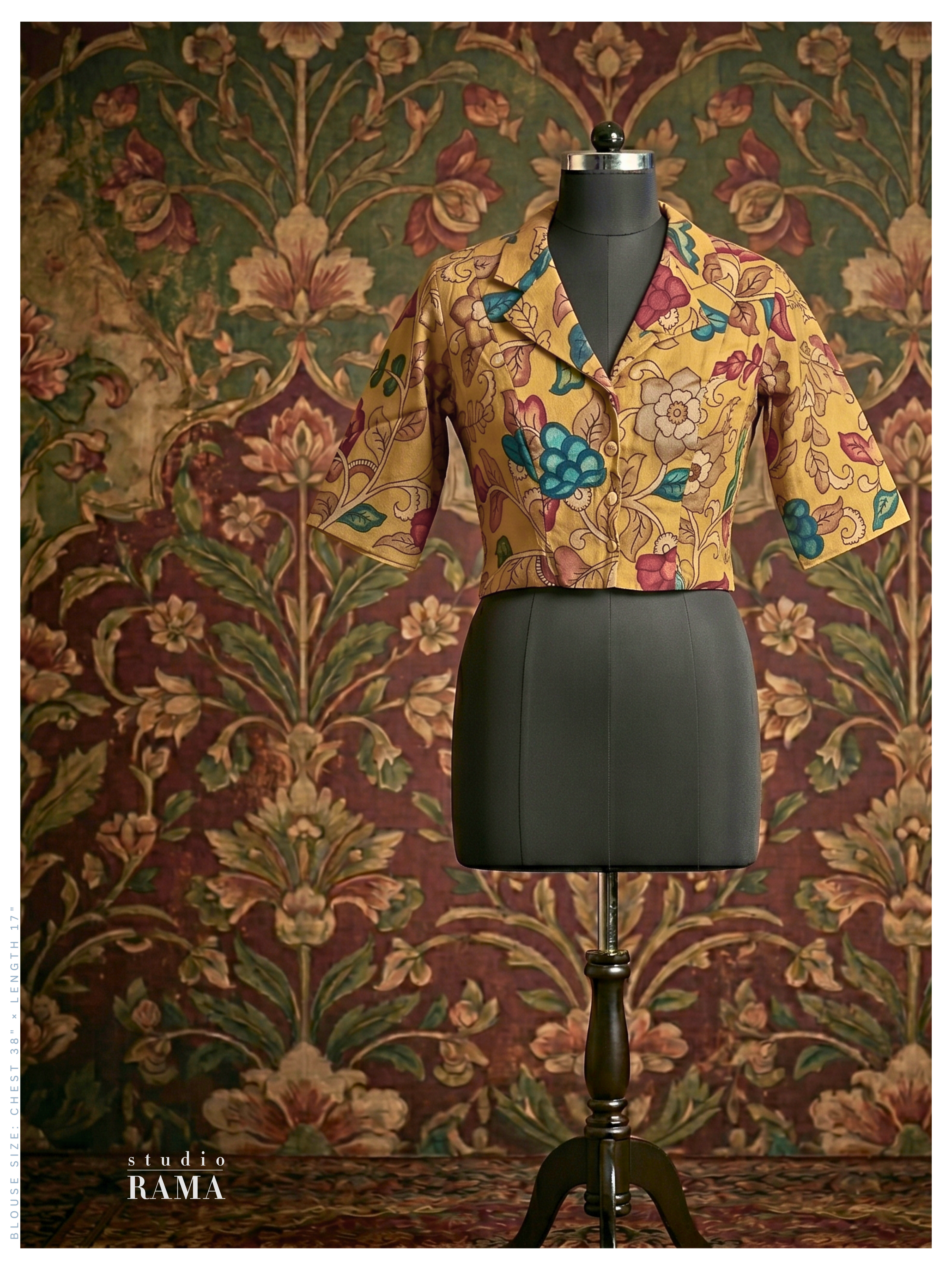 Silk Cotton Kalamkari Blouse (Chest 38") – Mustard Floral with Collar Neck