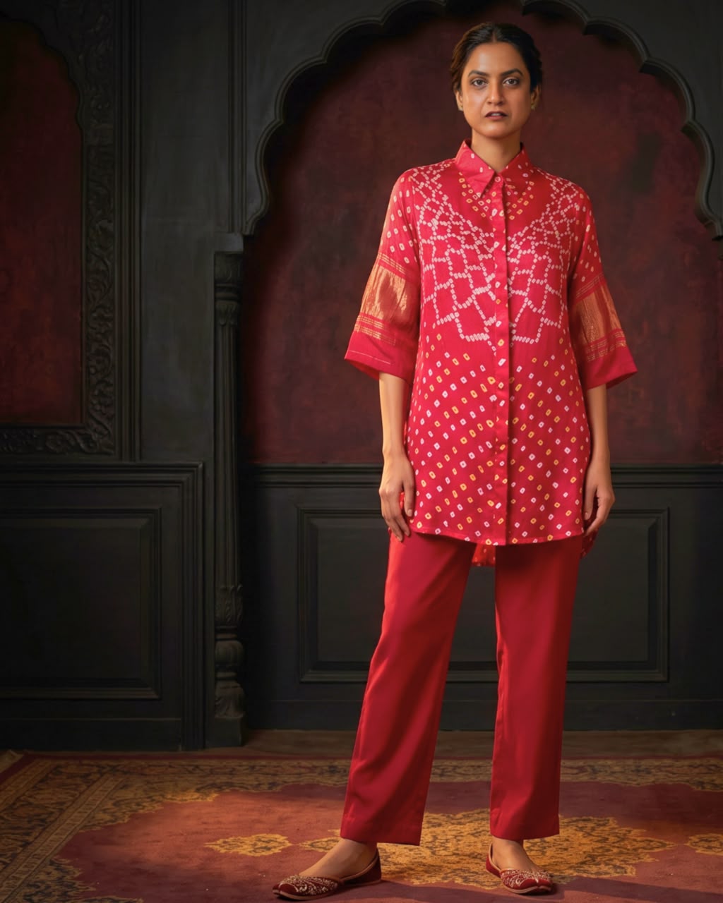 Bandhani Gajji Silk Tunic Only – Crimson Red | Women's Designer Ethnic Tunic
