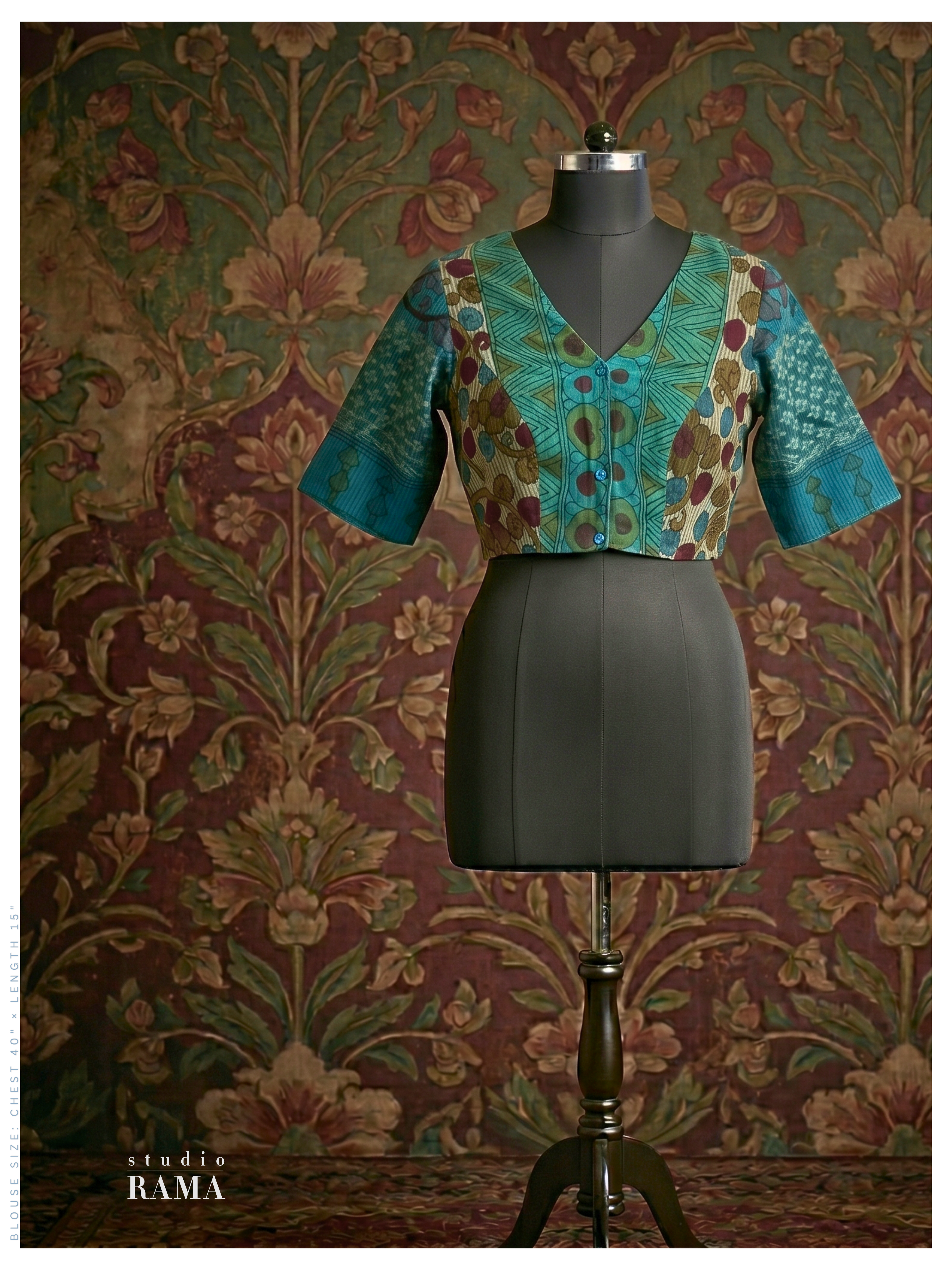 Cotton Designer Blouse (Chest 40") – Teal Multicolour Panelled with V Neck