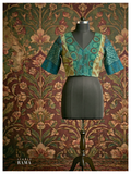 Cotton Designer Blouse (Chest 42") – Teal Panelled Motif with V Neck