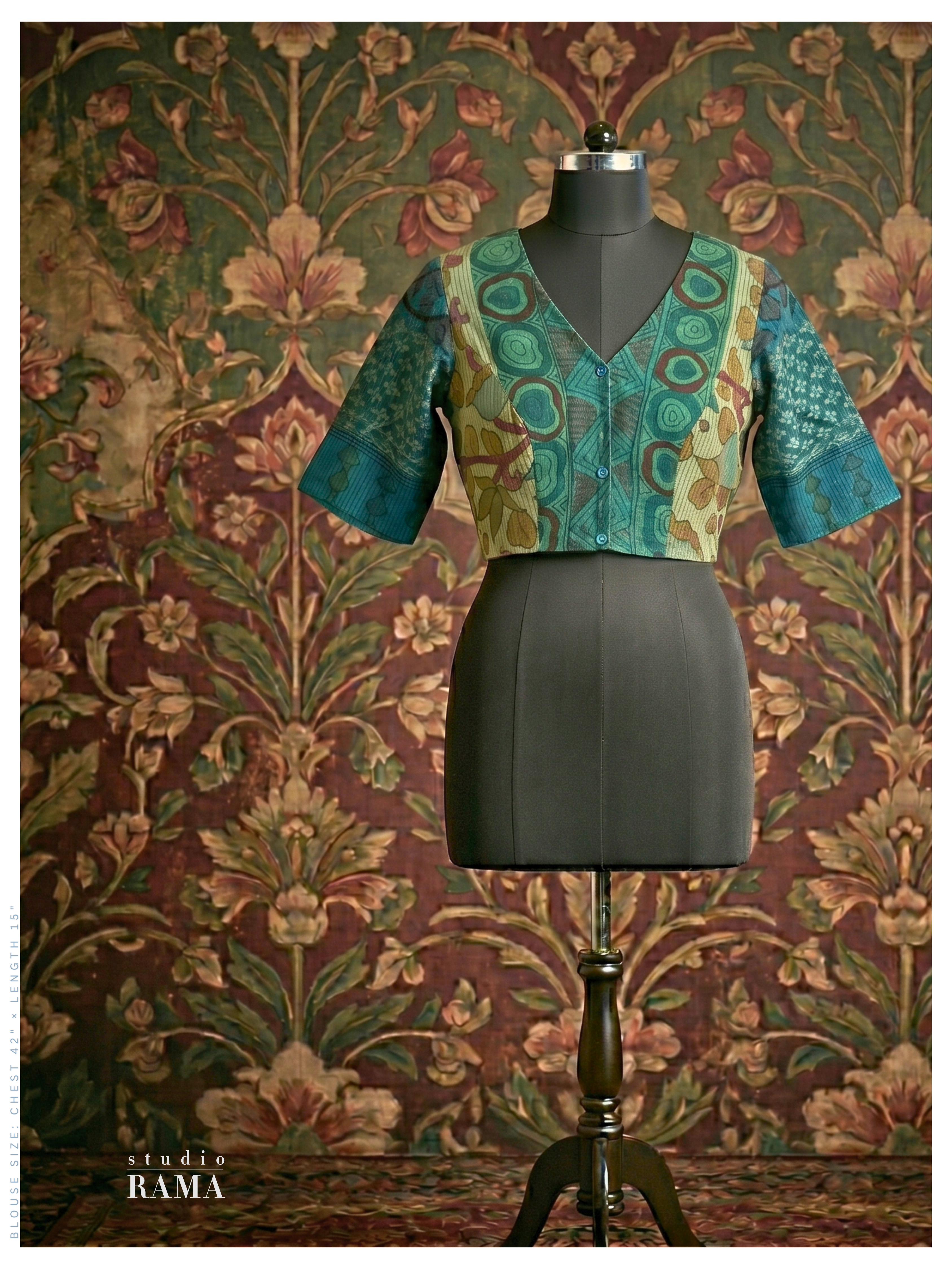 Cotton Designer Blouse (Chest 42") – Teal Panelled Motif with V Neck