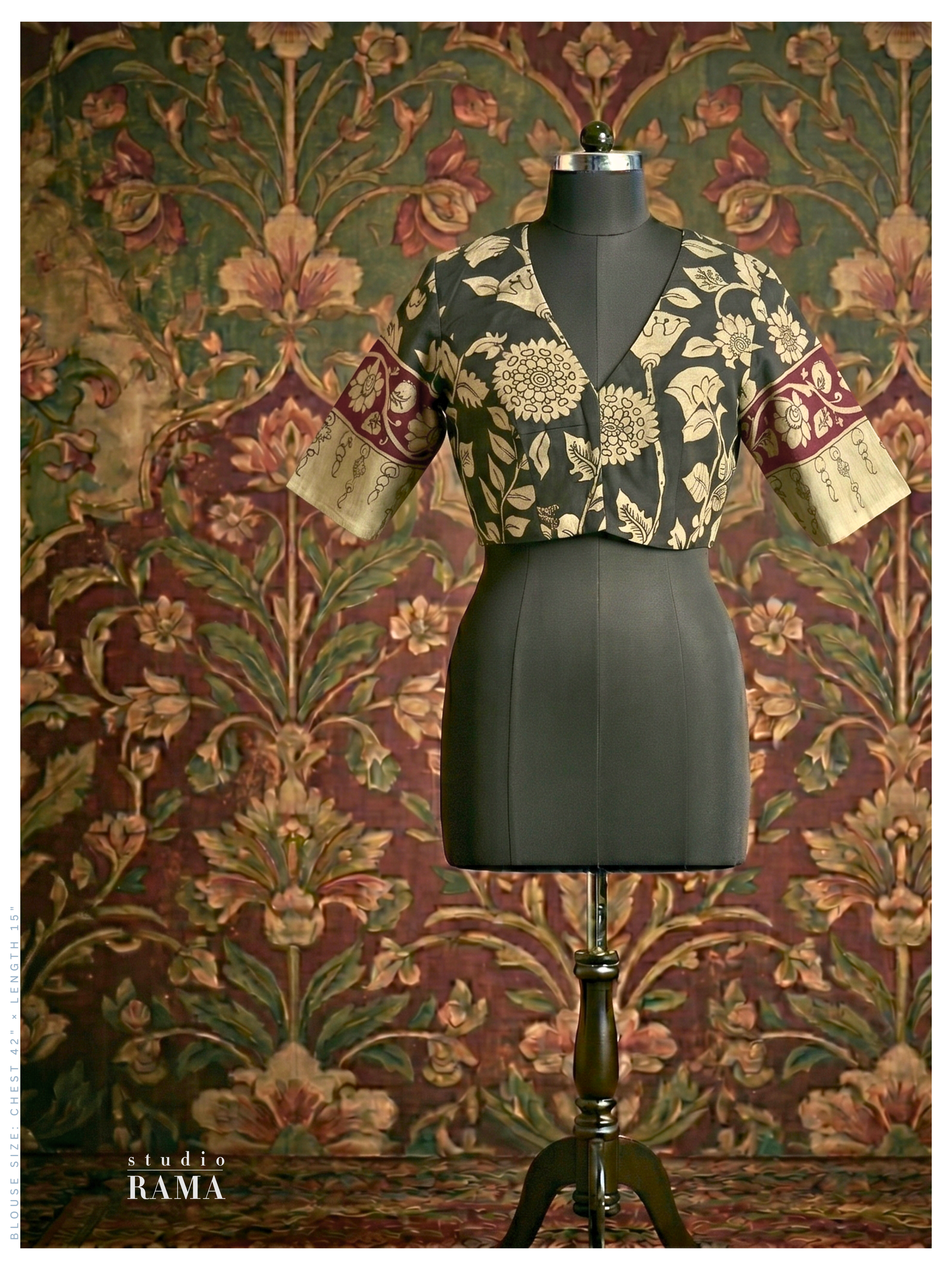 Cotton Designer Blouse (Chest 42") – Charcoal Floral Motif with Contrast Sleeve Borders