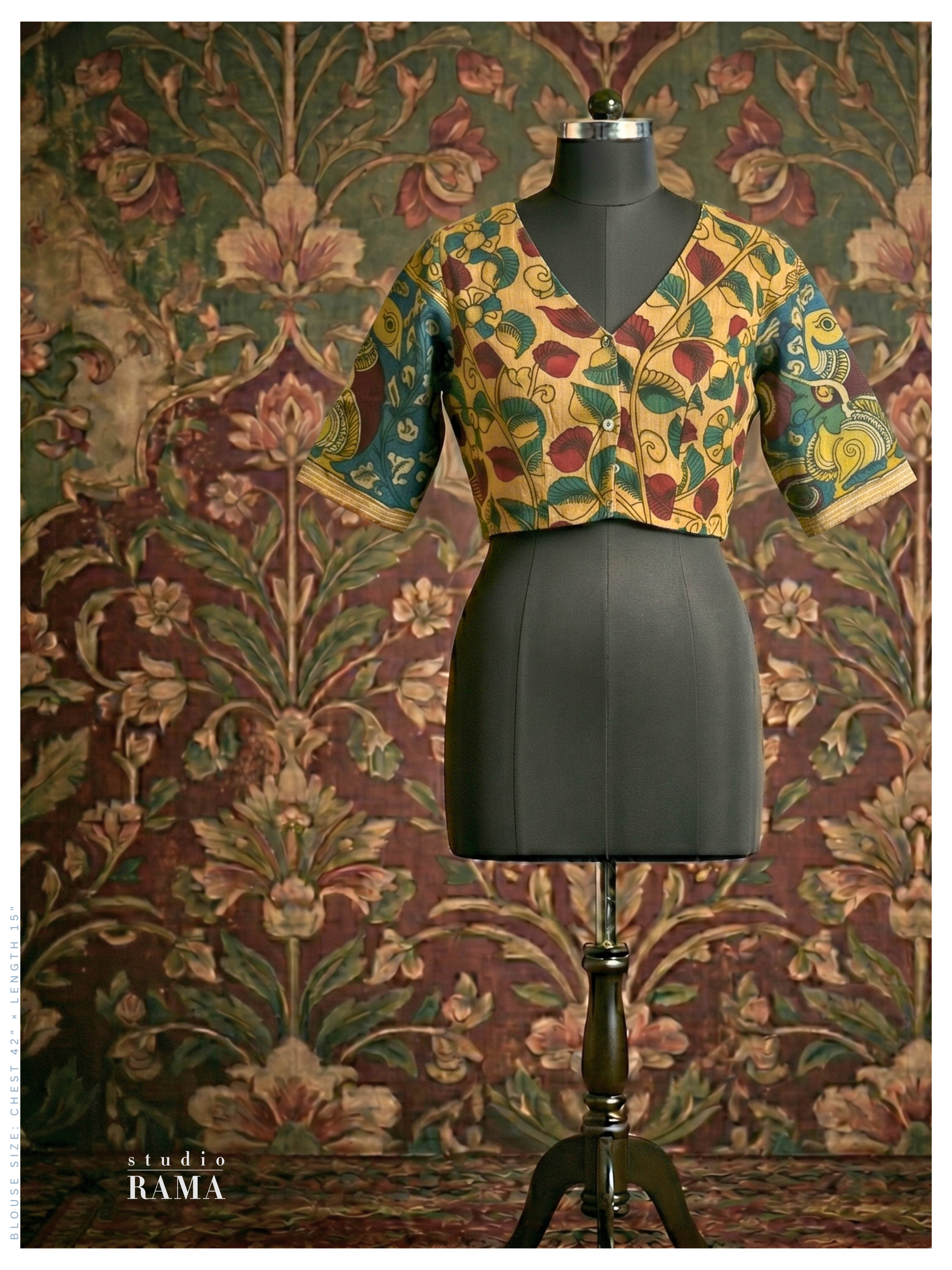 Cotton Kalamkari Blouse (Chest 42") – Mustard Multicolour with V Neck