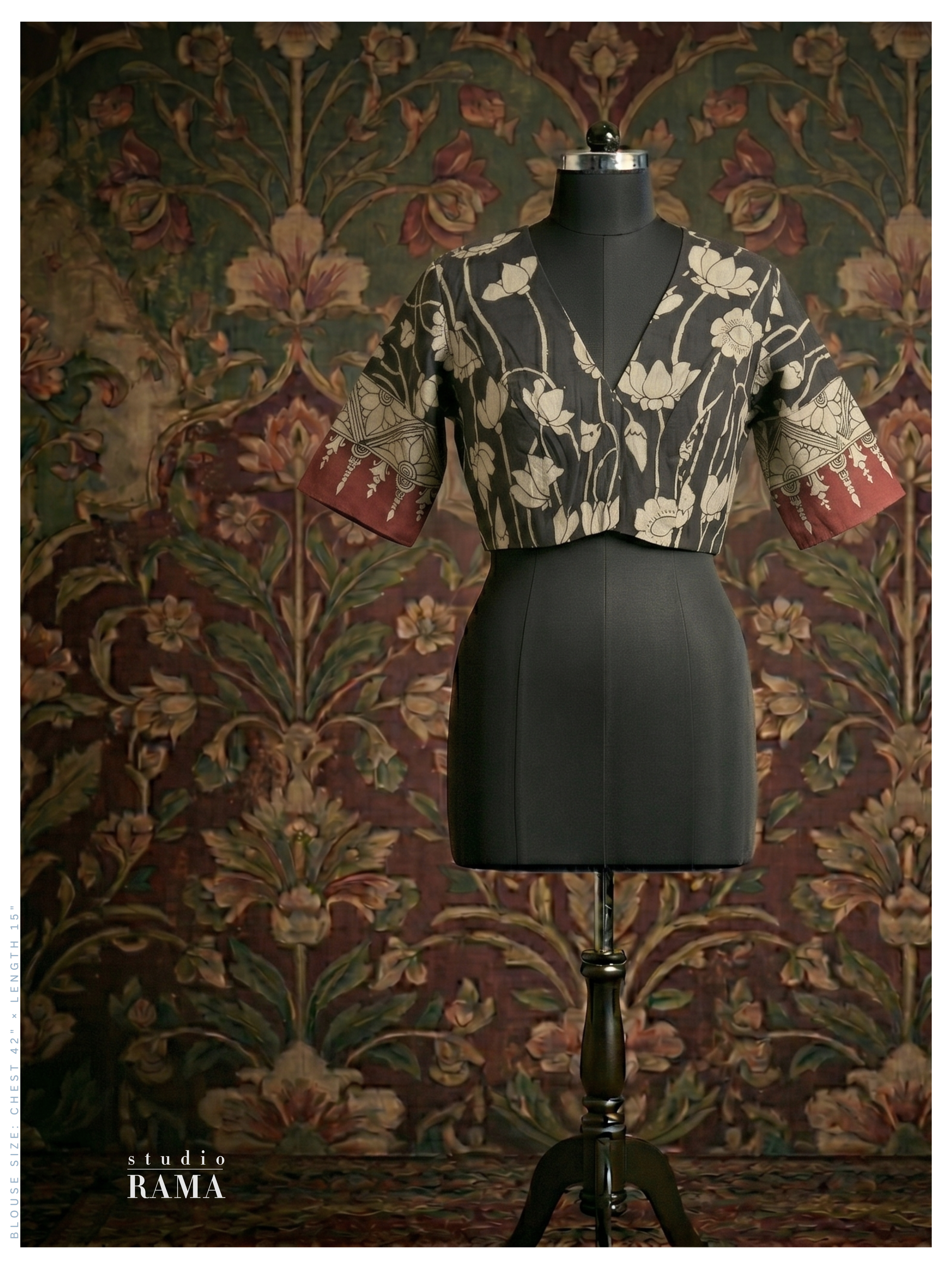 Silk Cotton Designer Blouse (Chest 42") – Charcoal Floral Motif with Contrast Sleeves