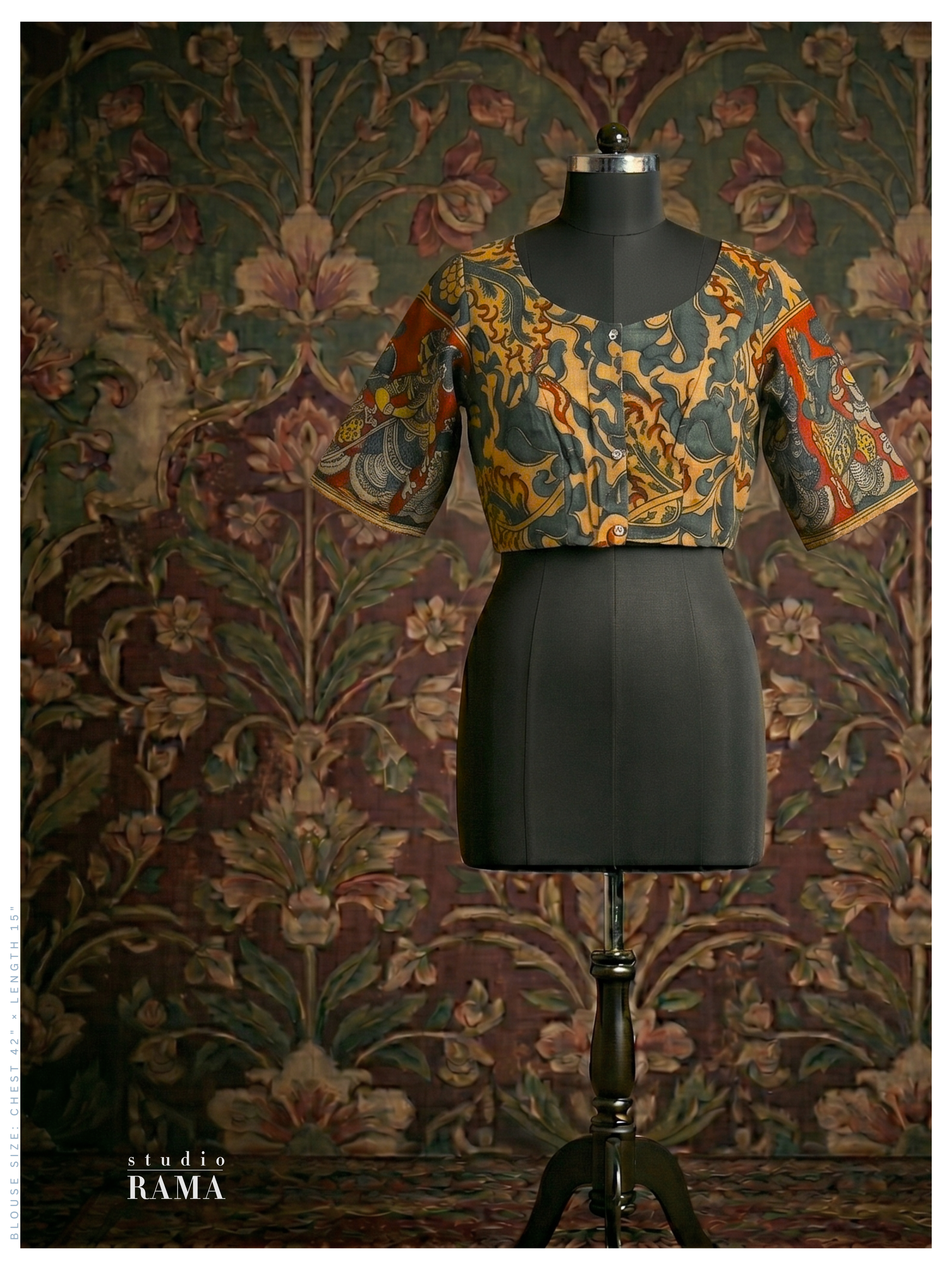 Cotton Designer Blouse (Chest 42") – Multitone Kalamkari-Inspired Motif with Round Neck