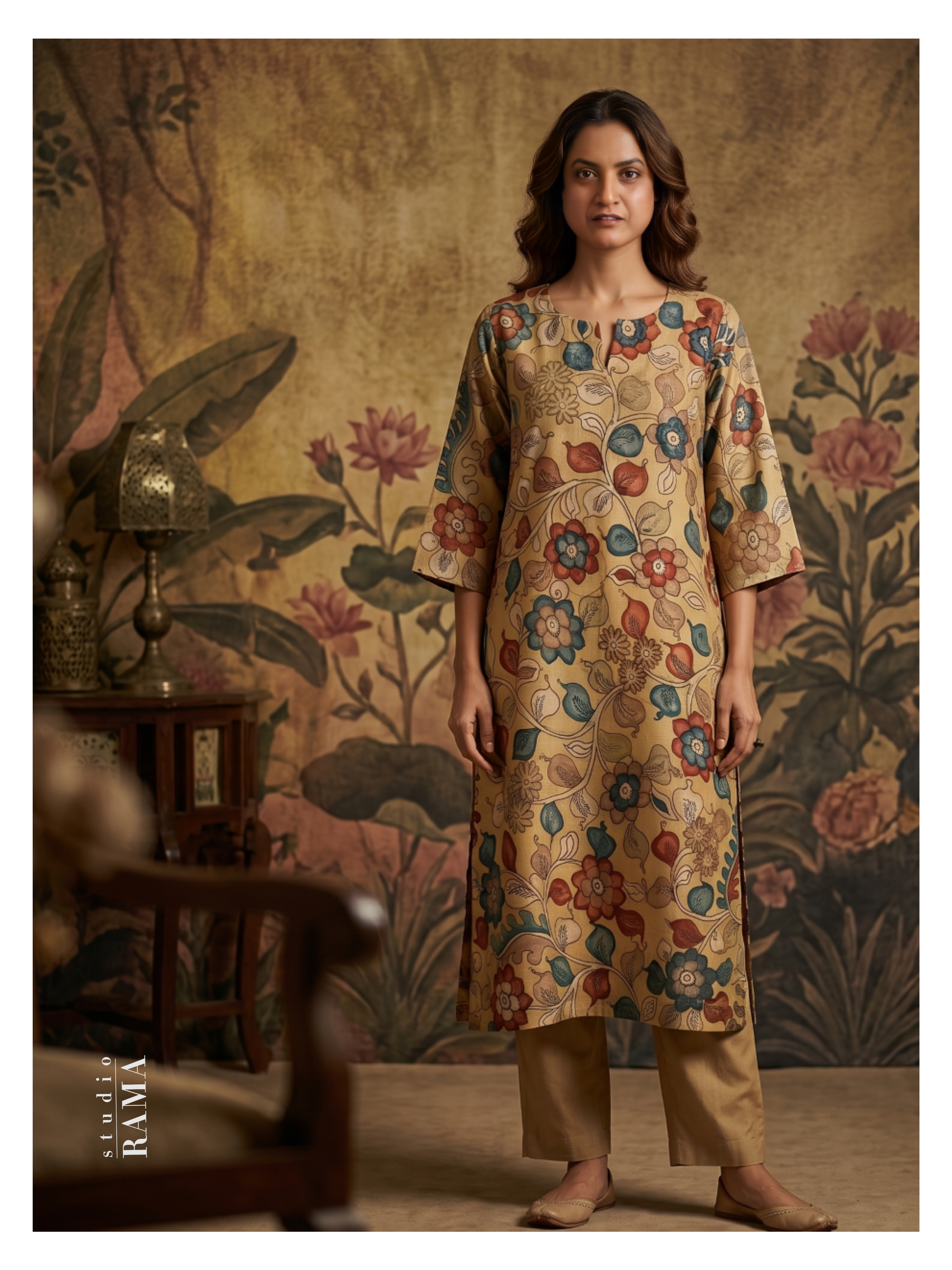 Mulberry Silk Kalamkari Kurta – Chest 40 Ready | Beige Floral Heritage Edit