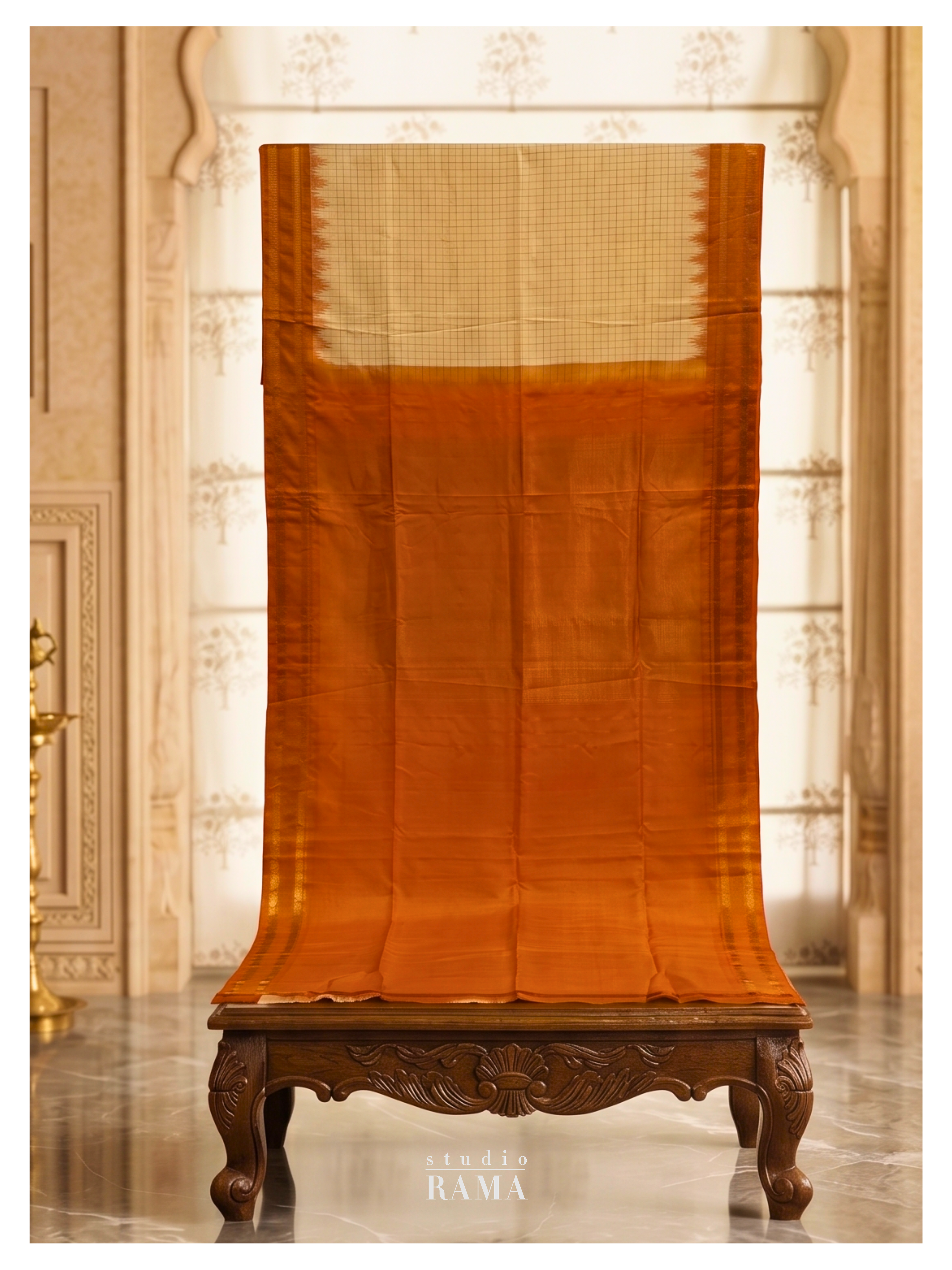 Gadwal Silk Saree – Burnt Orange Body with Subtle Checks & Zari Border