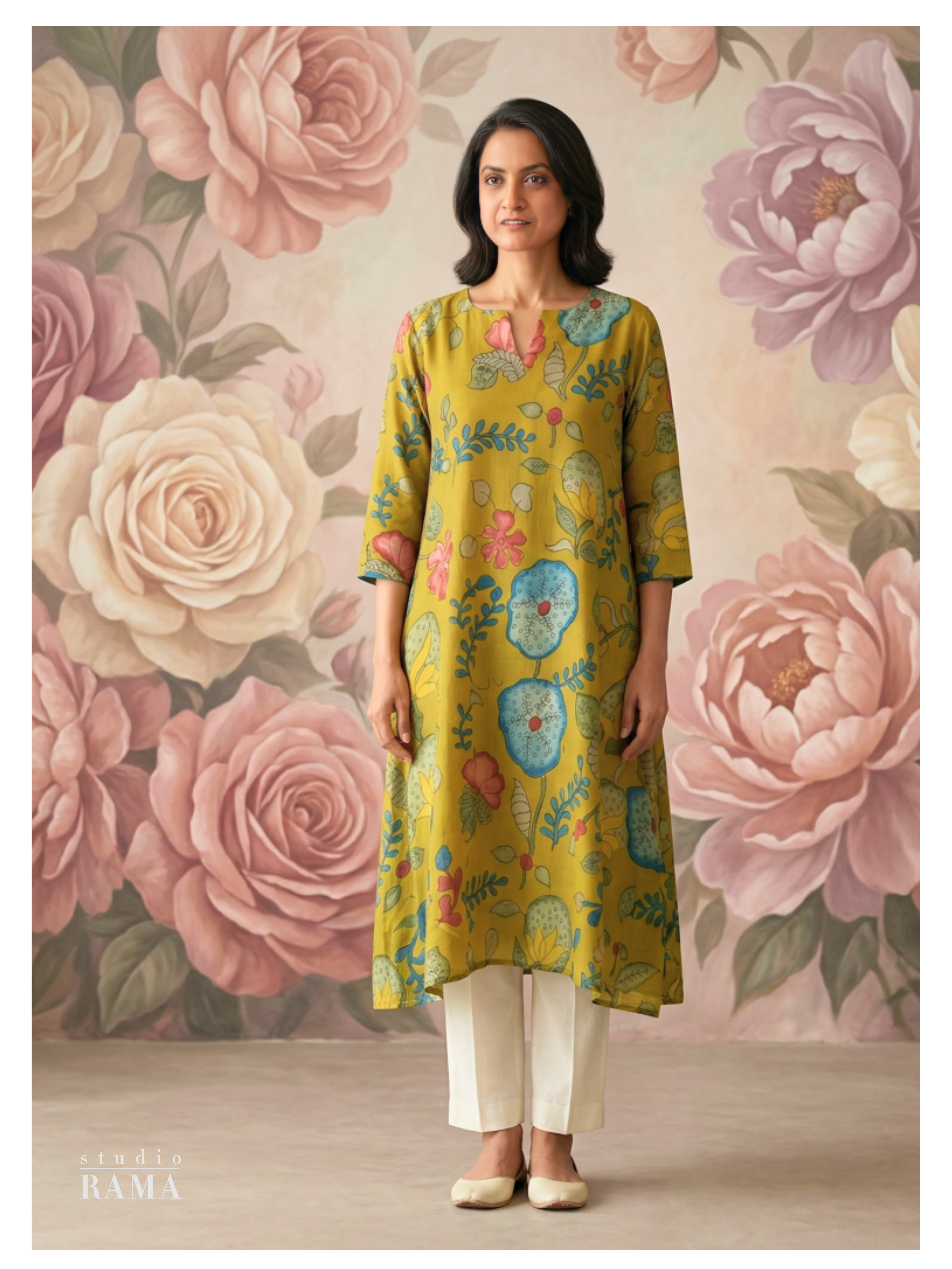 Lime Floral Silk Cotton Kurta – Size 40