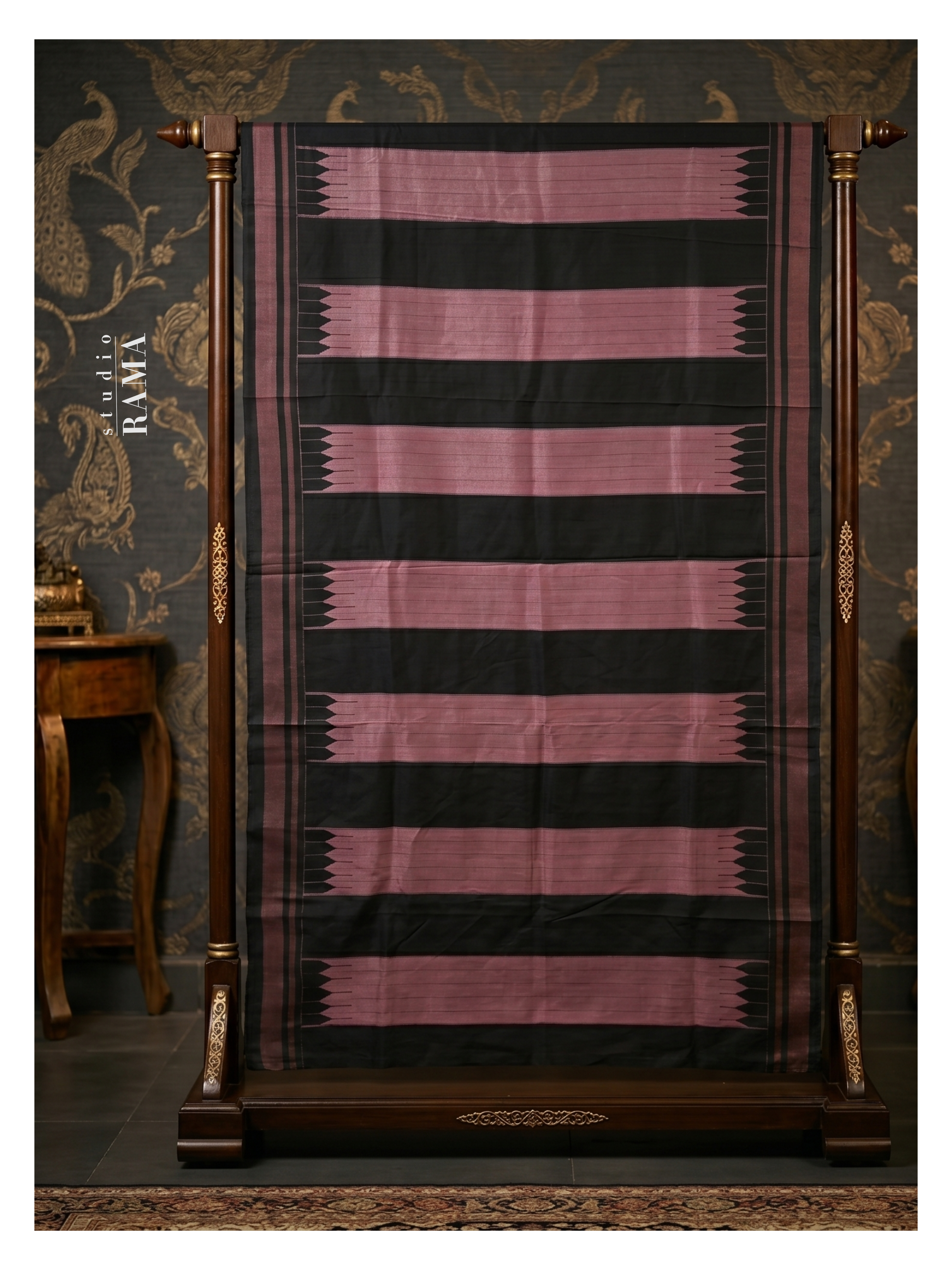 Ilkal Silk Saree – Black & Mauve Striped Heritage Weave