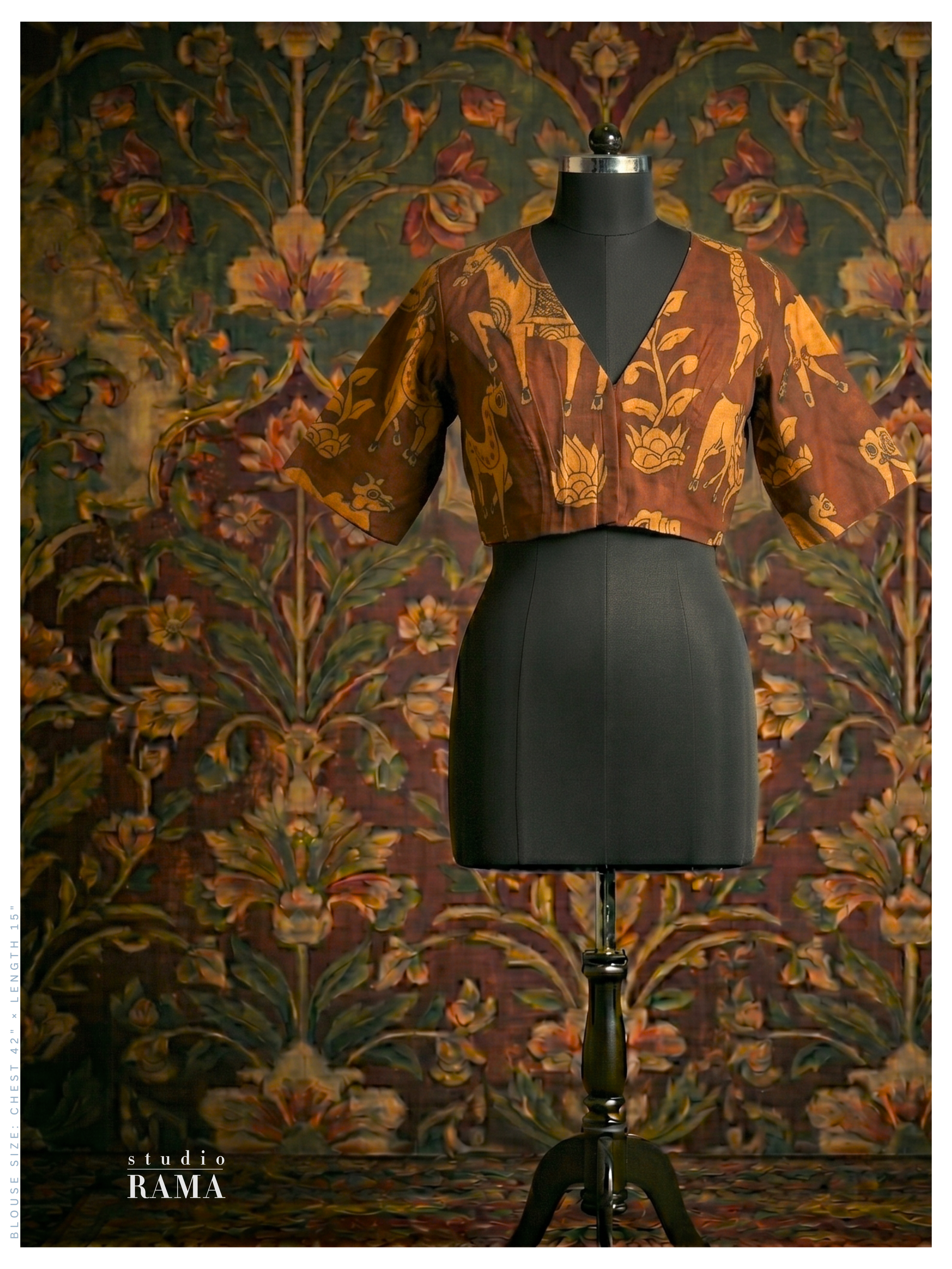 Silk Cotton Designer Blouse (Chest 42") – Earthy Brown Motif with V Neck
