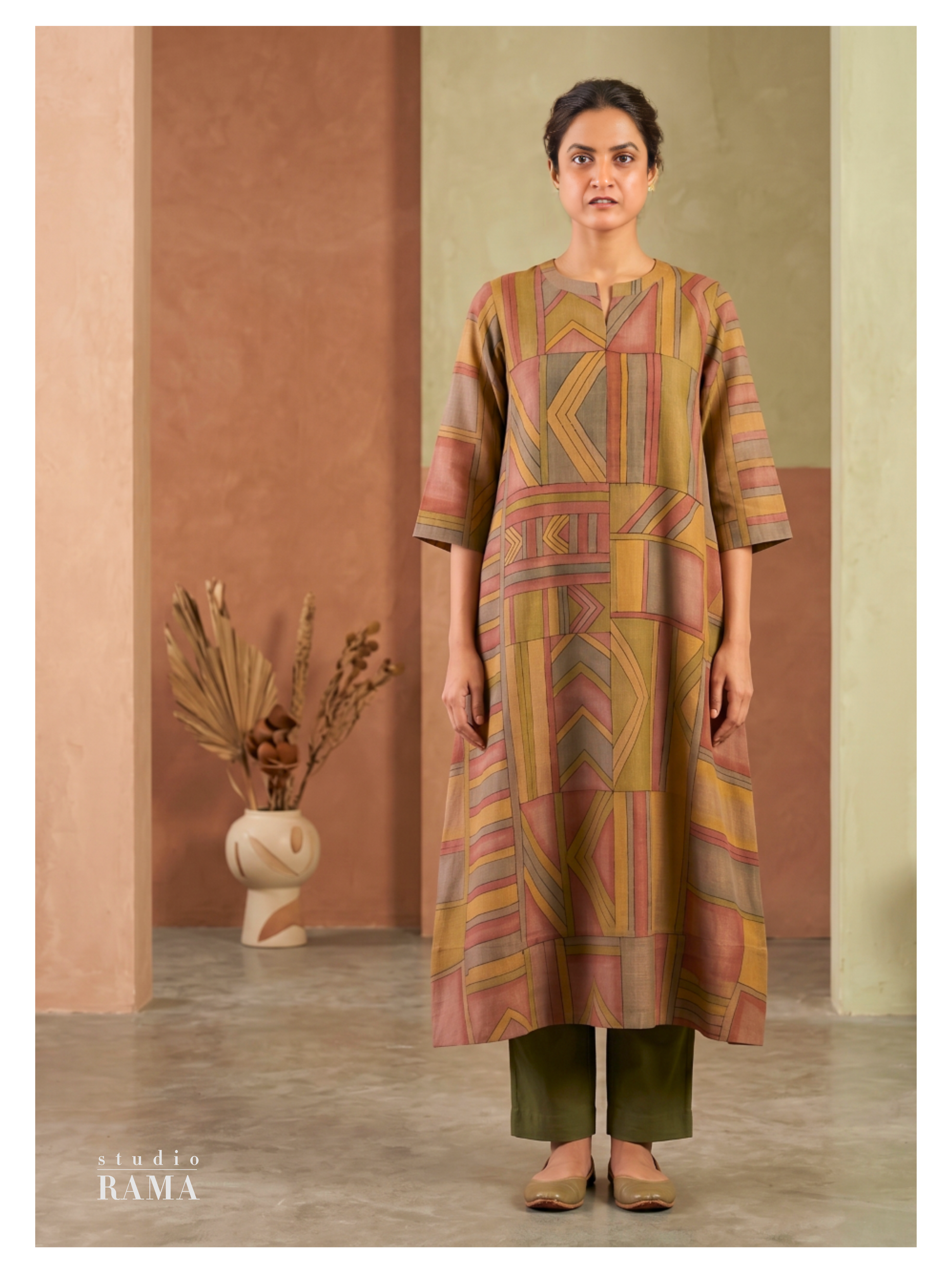 Silk Cotton Kurta – Earth Tone Geometric Edit (Size 40 Ready)