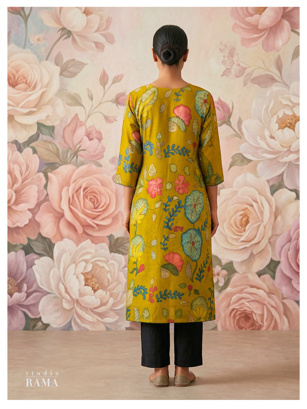 Lime Floral Silk Cotton Kurta – Size 40 (Ready Measurement)