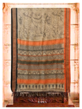 Vidarbha Tussar Saree – Beige with Hand-Drawn Kalamkari-Inspired Motifs & Rust Border