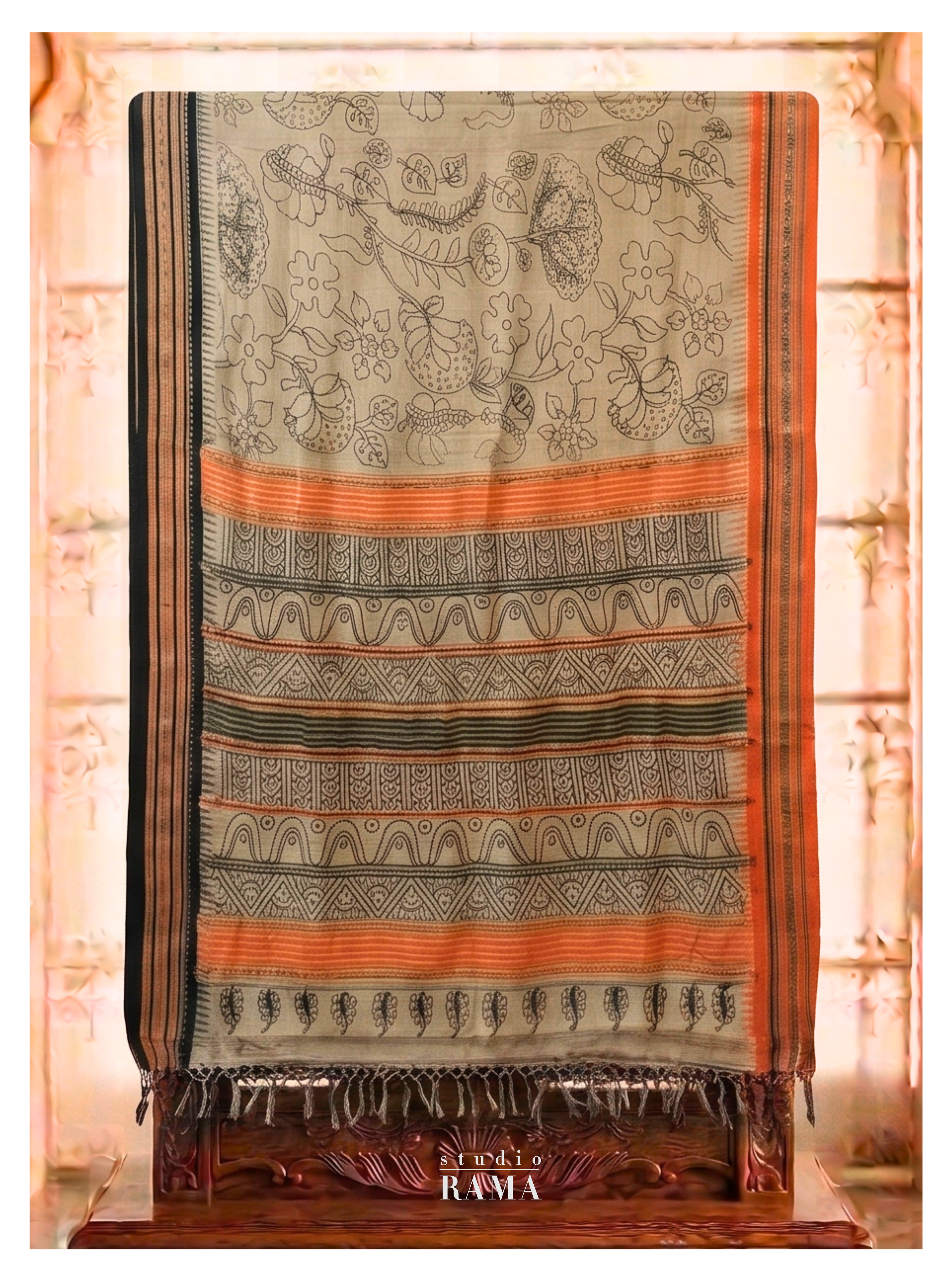 Vidarbha Tussar Saree – Beige with Hand-Drawn Kalamkari-Inspired Motifs & Rust Border