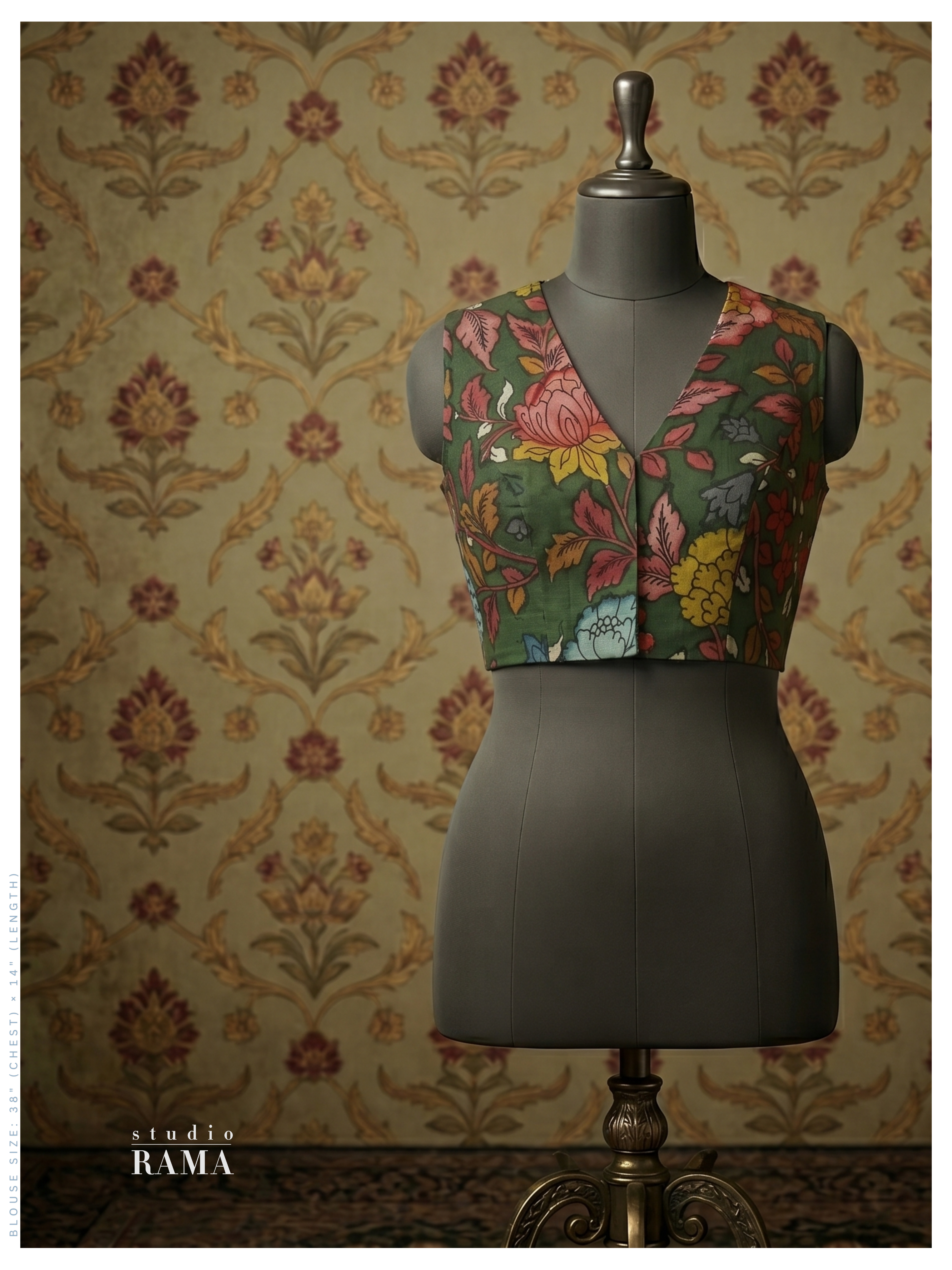 Silk Cotton Kalamkari Blouse (Chest 38") – Deep Green Floral Print