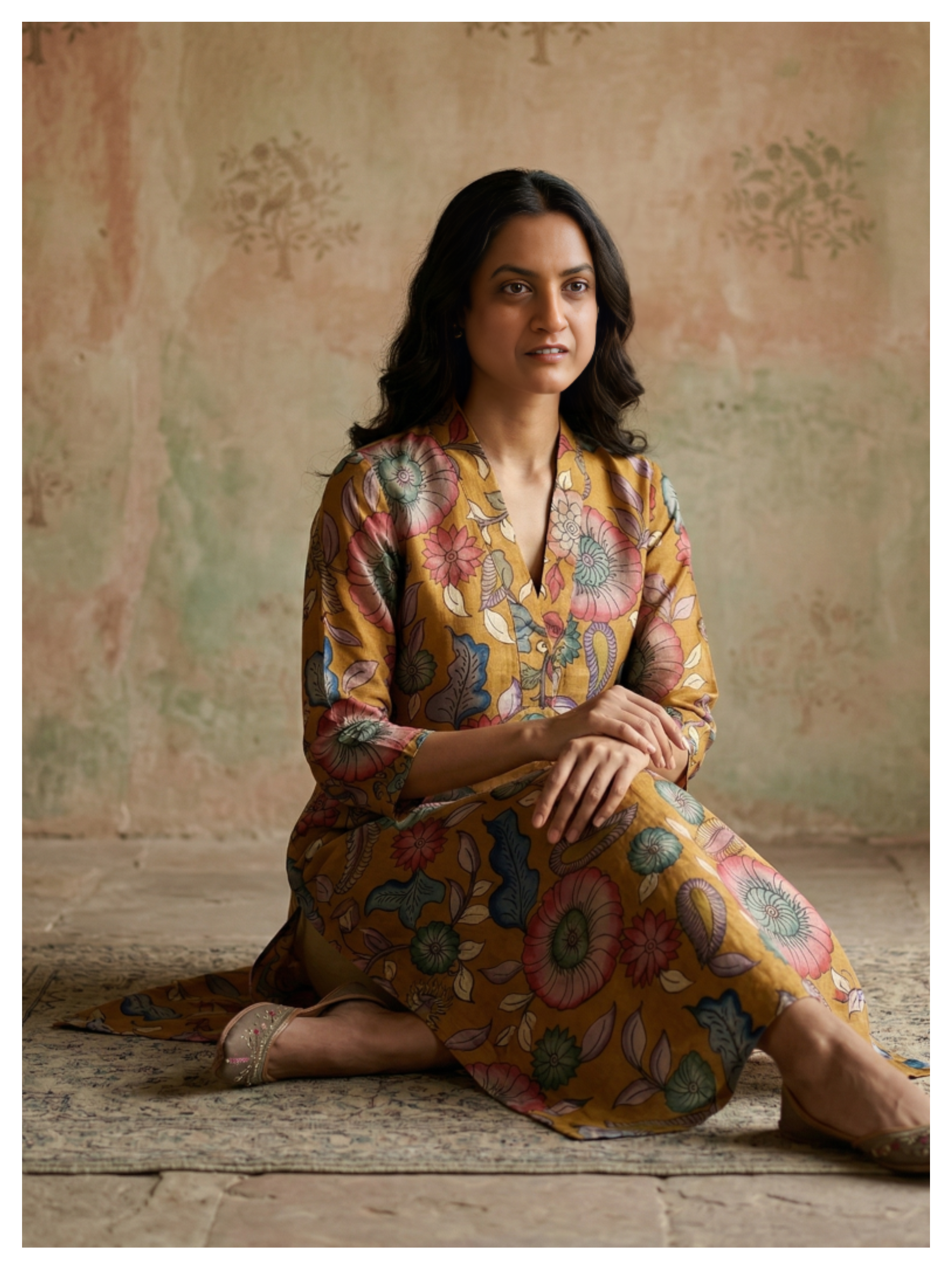 Mustard Floral Silk Cotton Kurta – Size 40 (Ready Measurement)