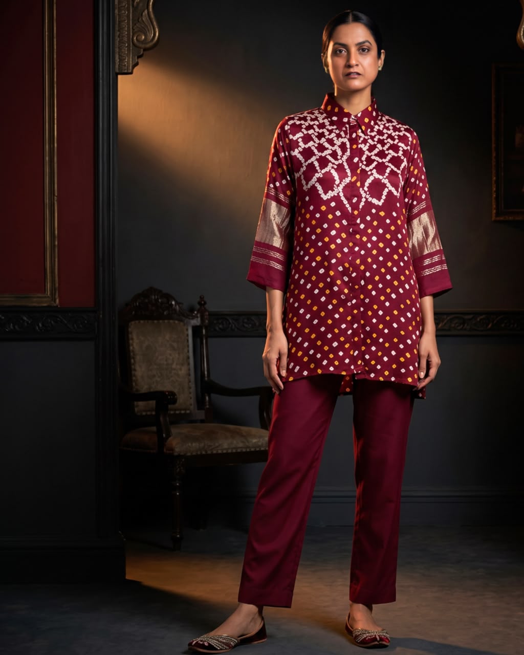Bandhani Gajji Silk Tunic Only – Burgundy | Women's Designer Ethnic Tunic