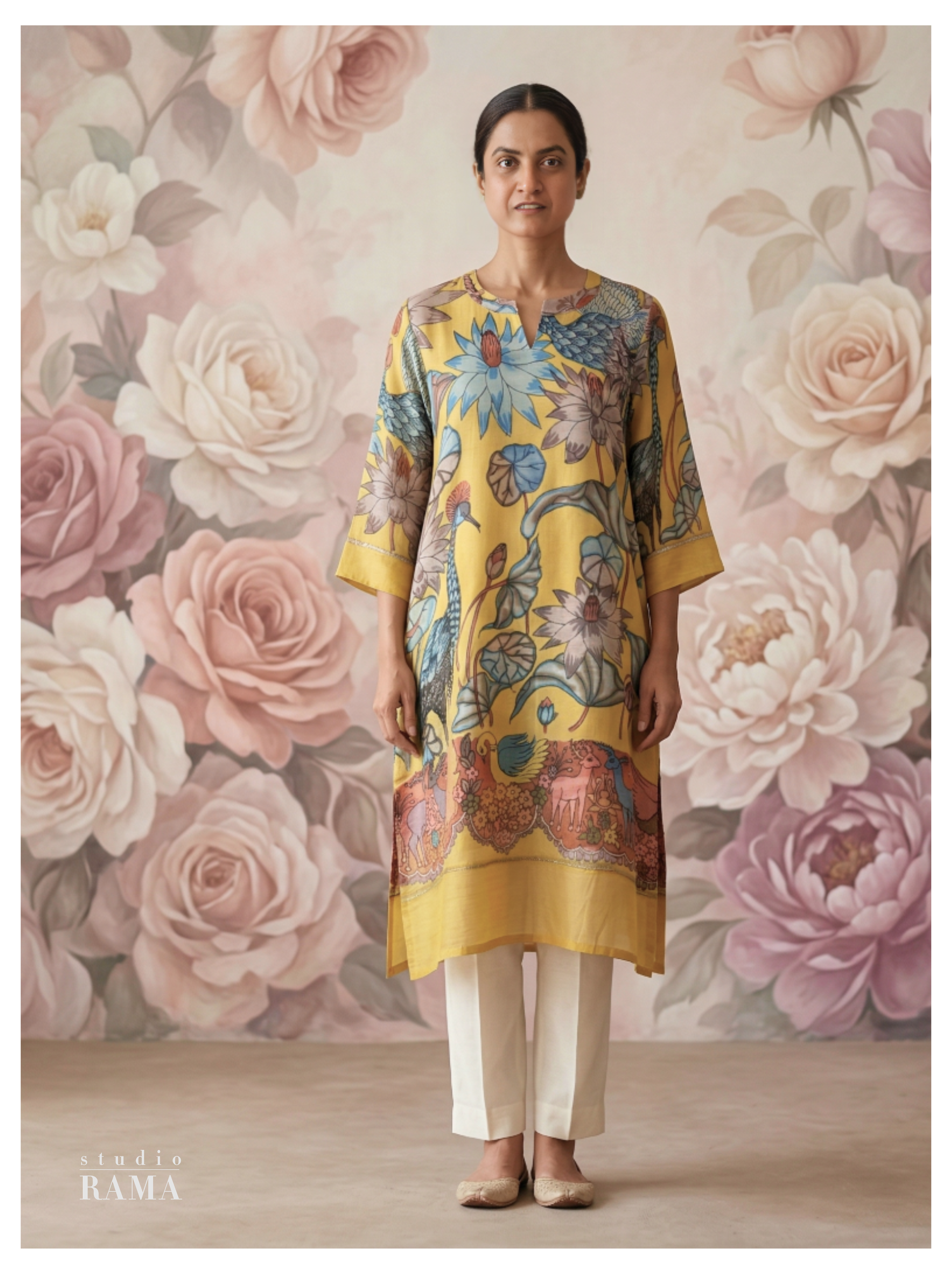 Mustard Kalamkari Silk Cotton Kurta – Size 40 (Ready Measurement)