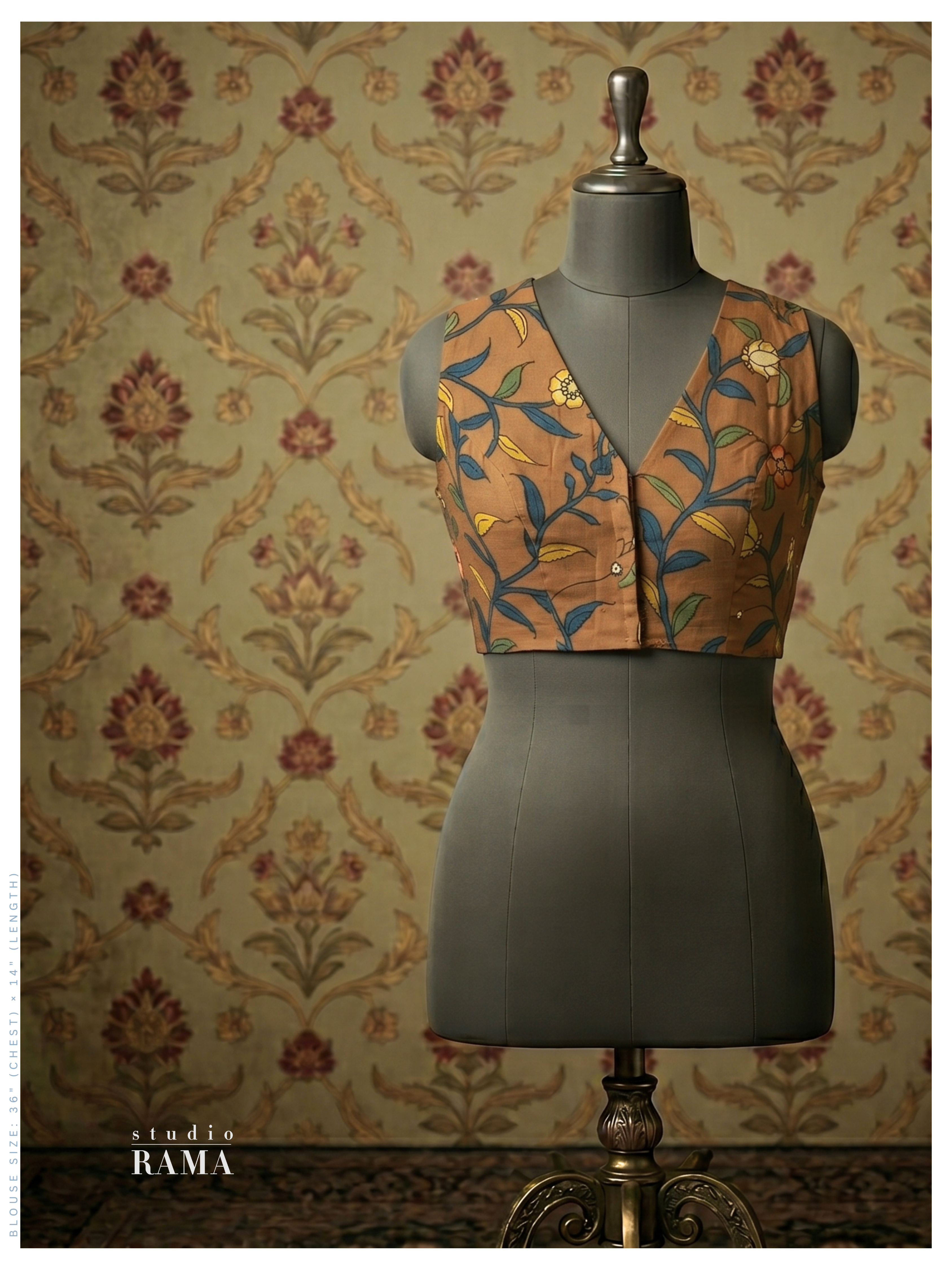 Silk Cotton Kalamkari Blouse (Chest 36") – Earthy Brown Floral Print
