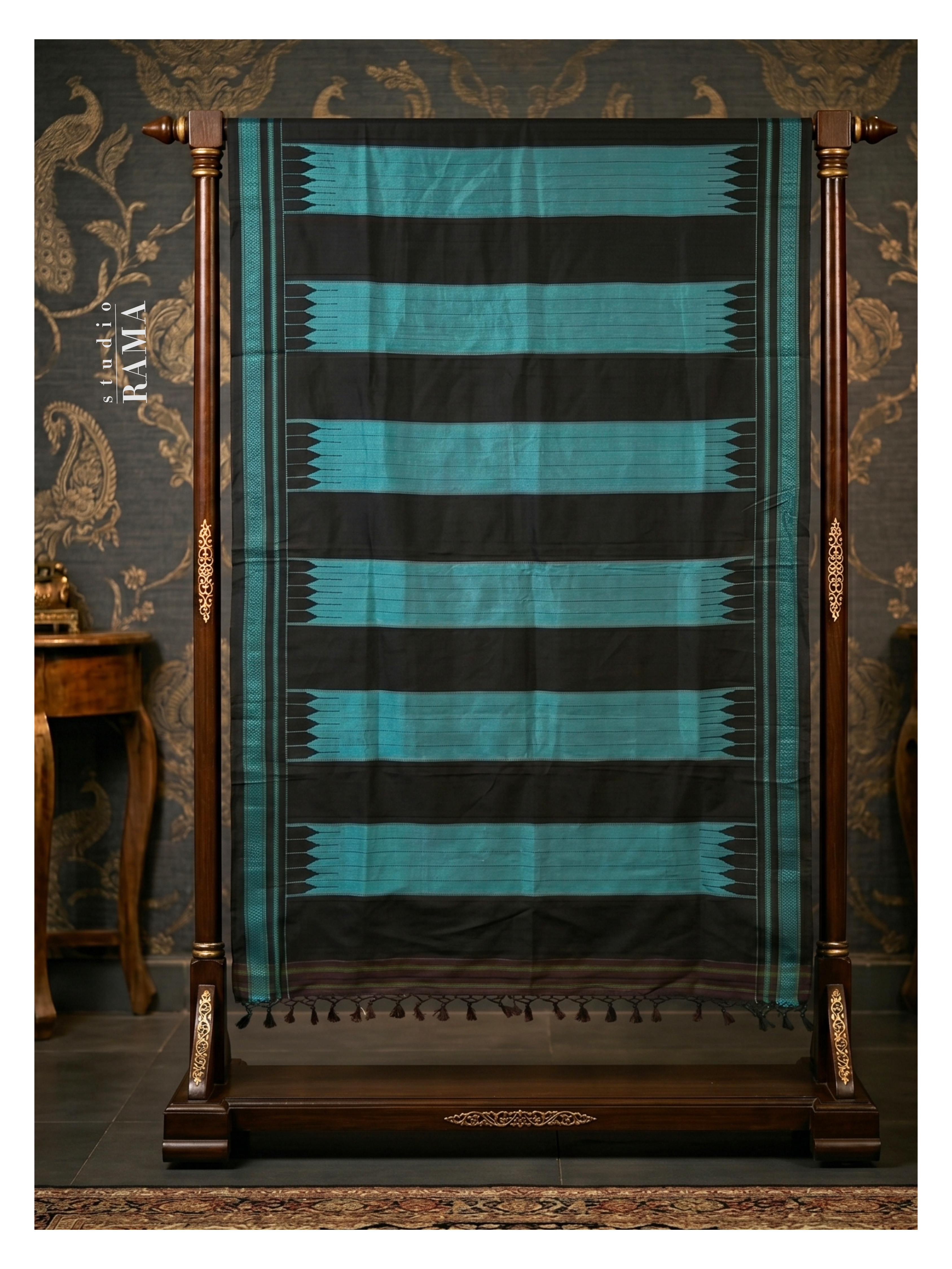 Ilkal Silk Saree – Black & Teal Heritage Stripes