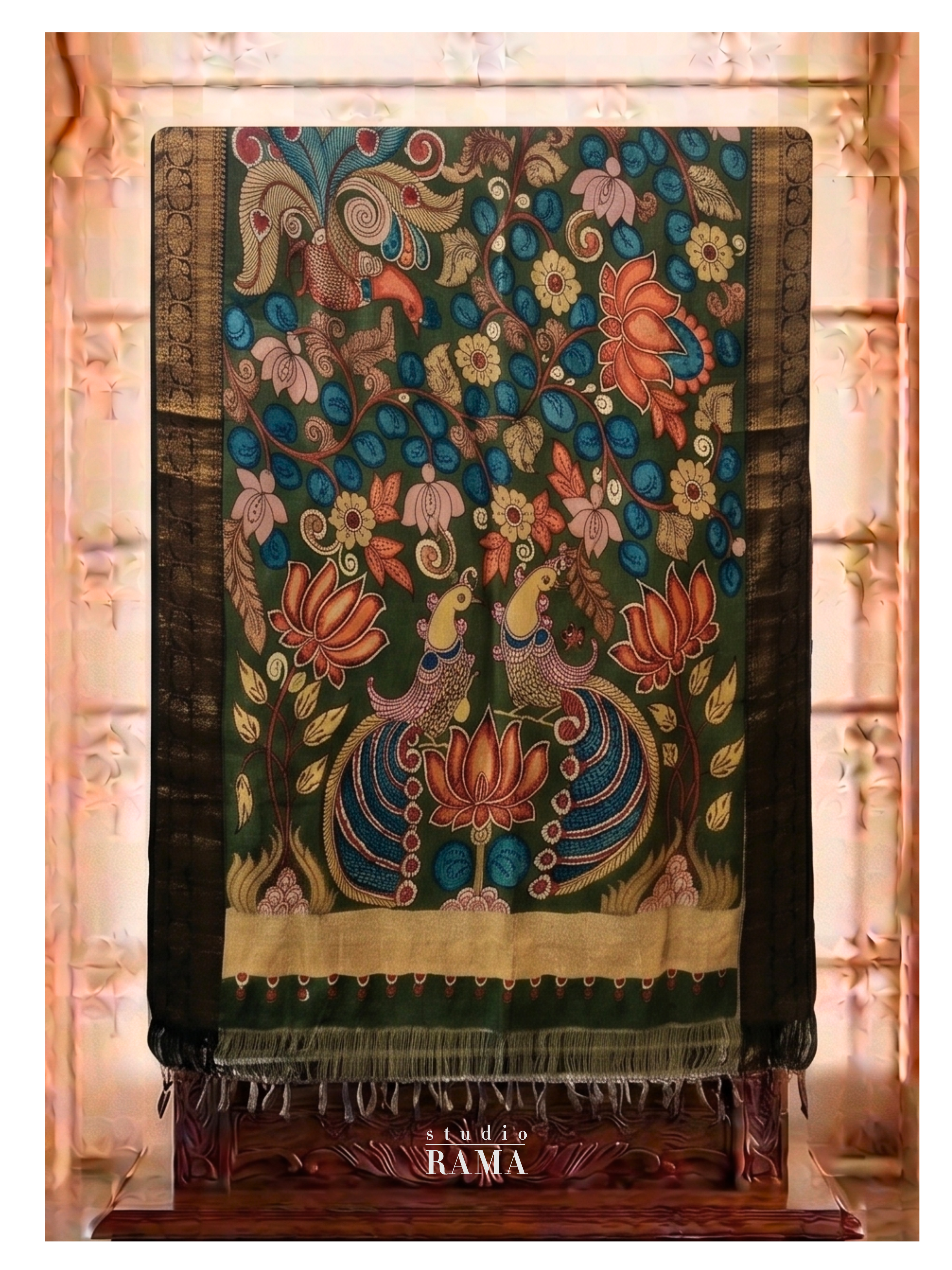 Kanchi Silk Saree with Kalamkari – Deep Green Peacock & Floral Panel