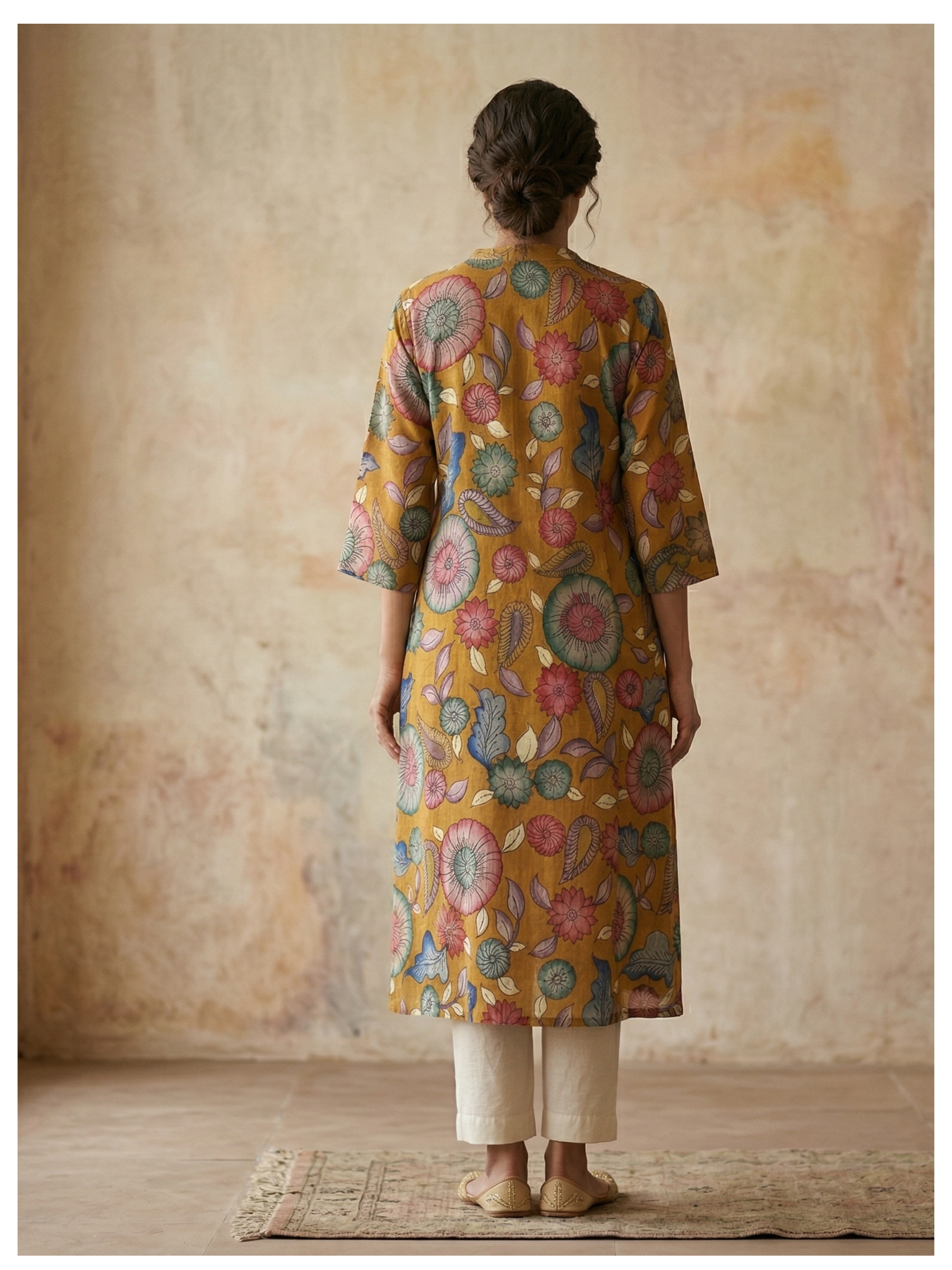 Mustard Floral Silk Cotton Kurta – Size 40 (Ready Measurement)