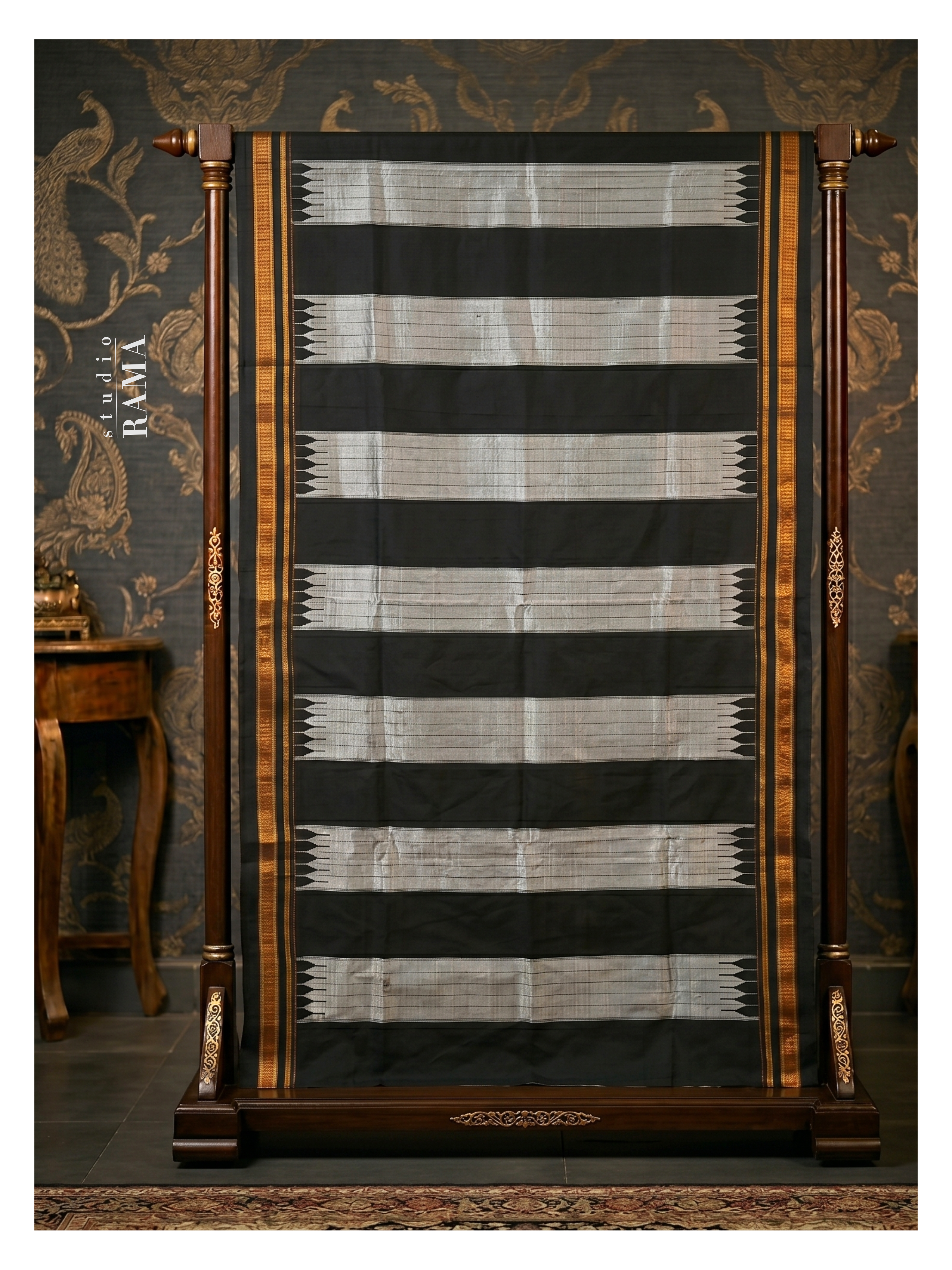Ilkal Silk Saree – Black & Silver Heritage Stripes with Gold Border
