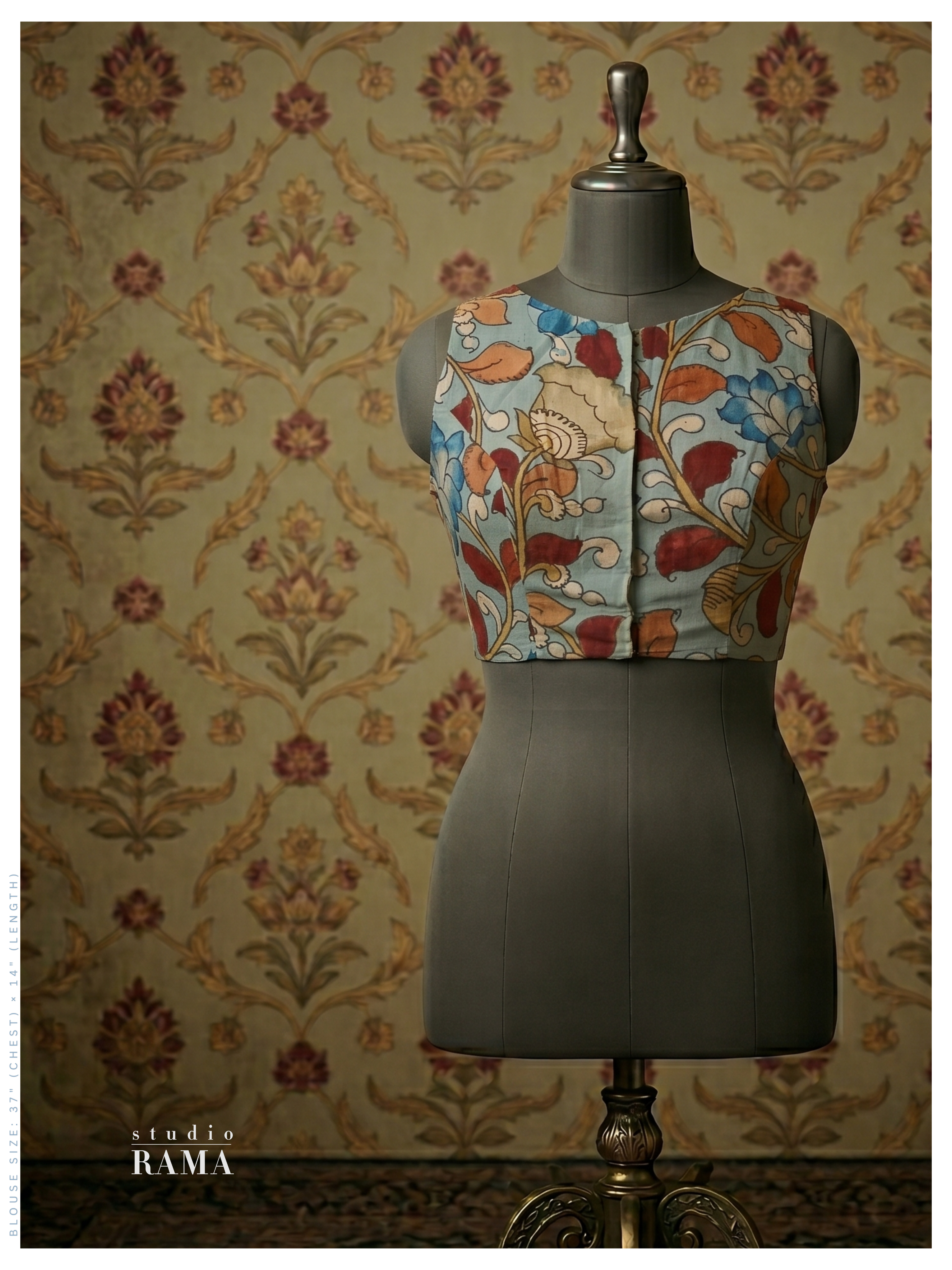 Silk Cotton Kalamkari Blouse (Chest 37") – Pastel Blue Floral Print