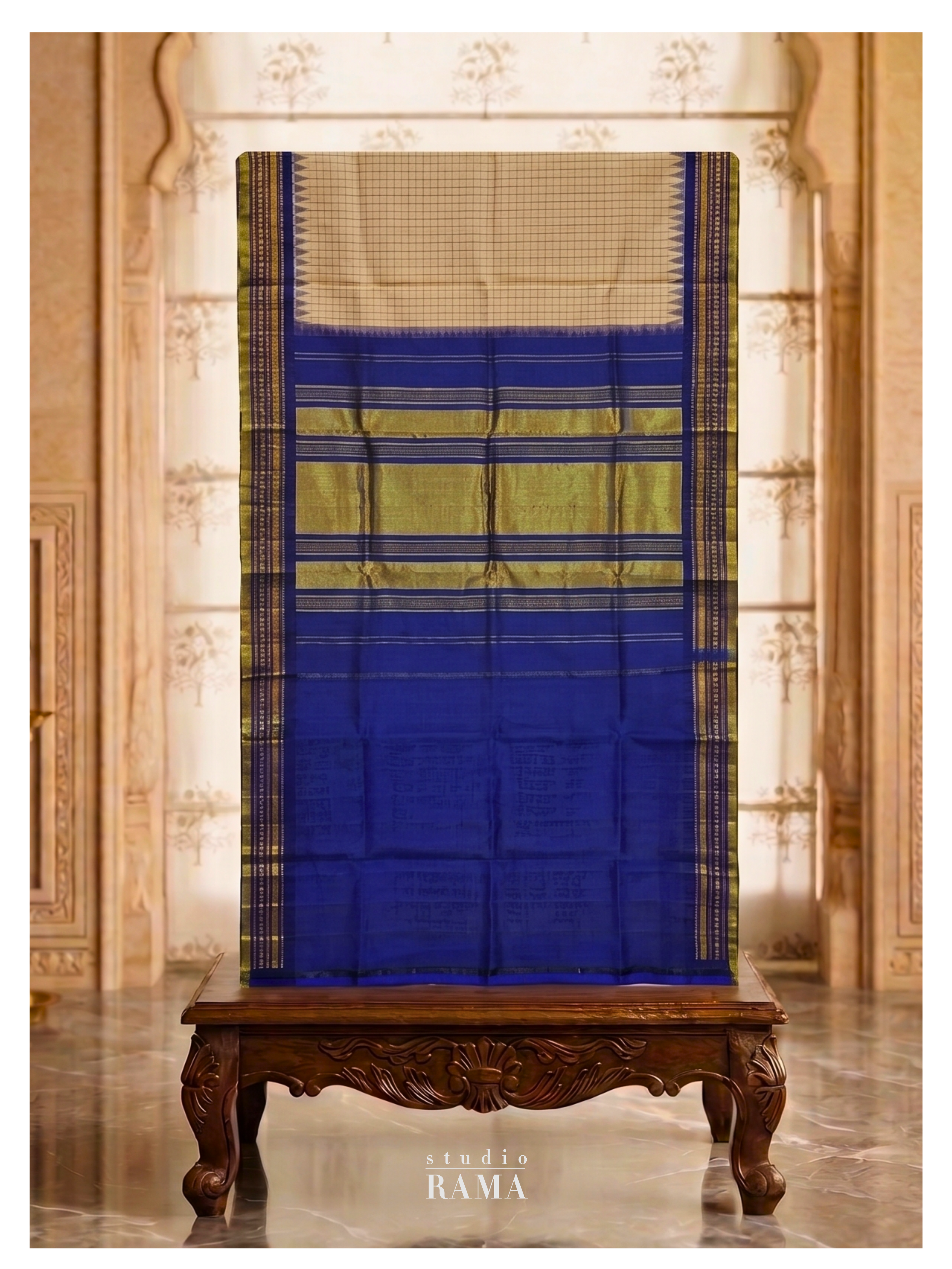 Gadwal Silk Saree – Royal Blue with Beige Checks & Zari Pallu