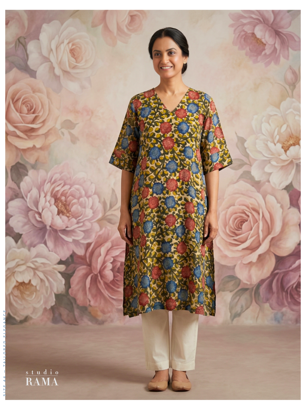 Olive Floral Silk Cotton Kurta – Size 44 (Ready Measurement)