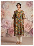 Olive Floral Silk Cotton Kurta – Size 44 (Ready Measurement)