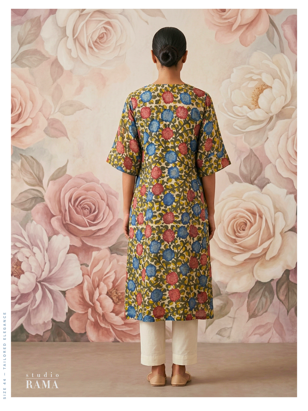Olive Floral Silk Cotton Kurta – Size 44 (Ready Measurement)