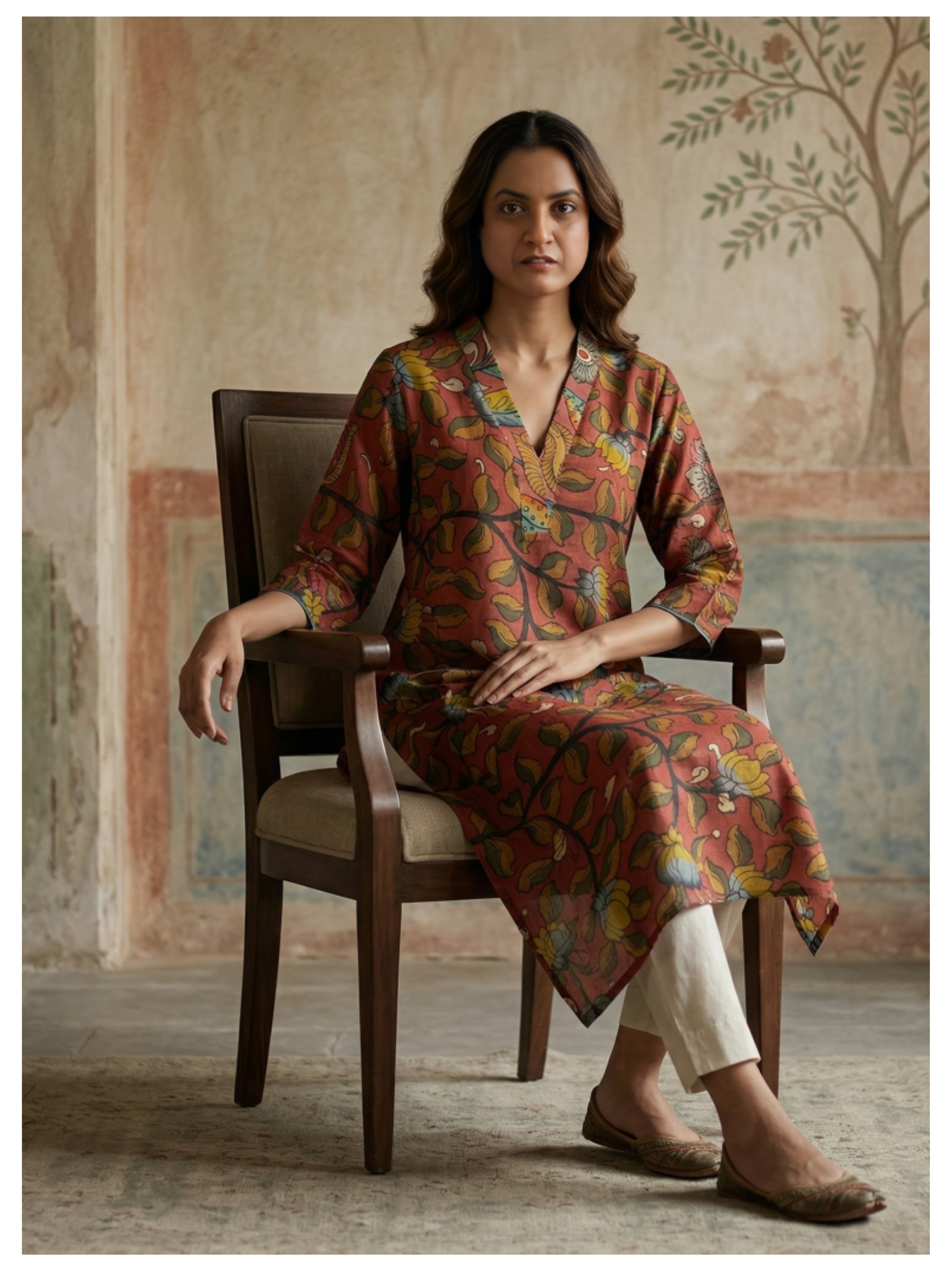 Rust Floral Silk Cotton Kurta – Size 40 (Ready Measurement)