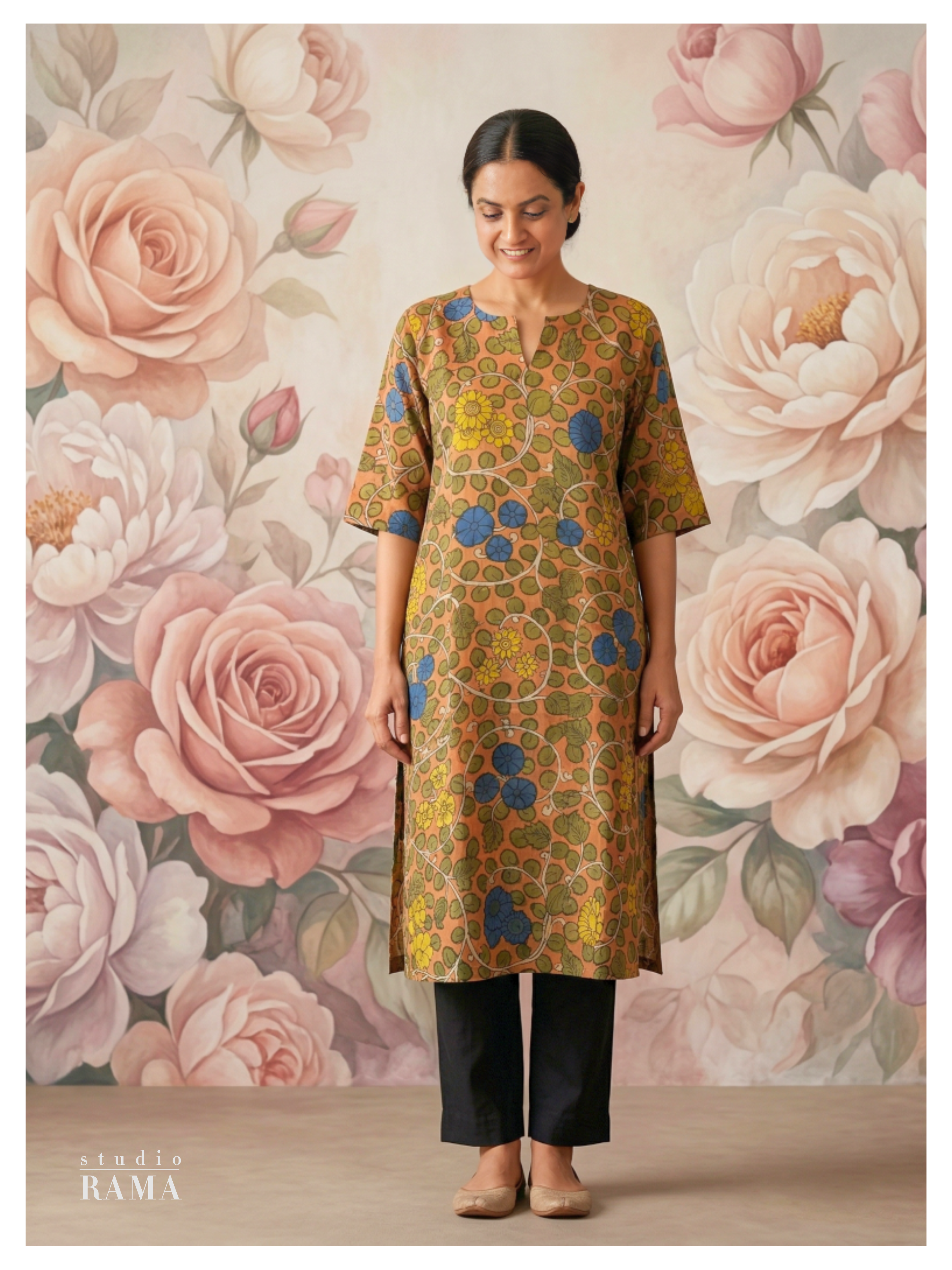Terracotta Floral Silk Cotton Kurta – Size 40 (Ready Measurement)