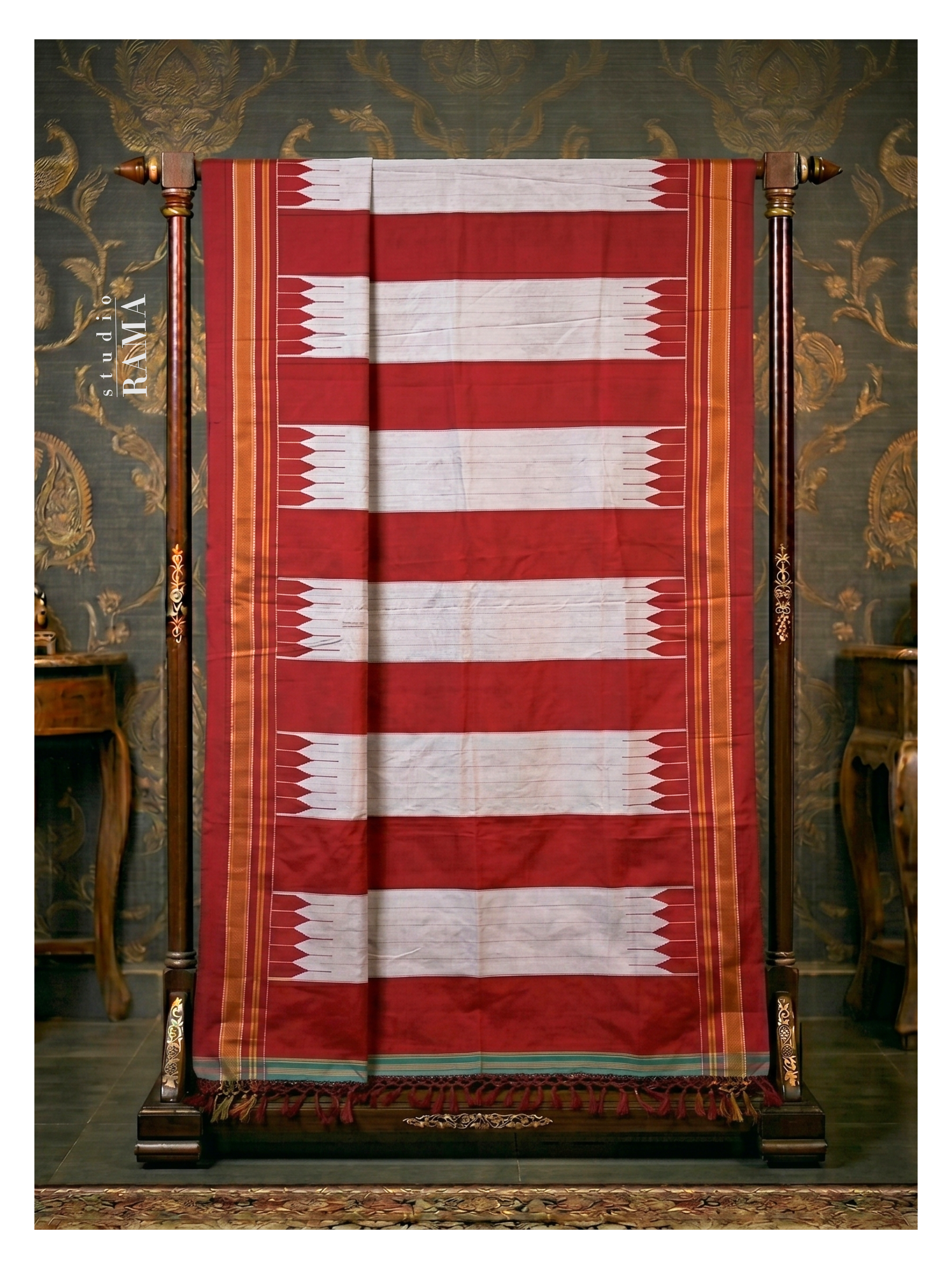Ilkal Silk Saree – Ruby Red & Ivory Heritage Stripes