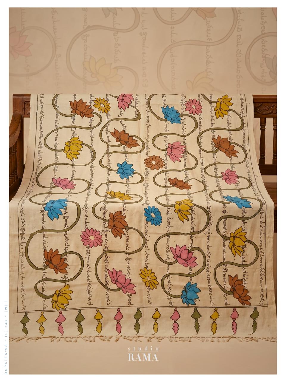 Silk Cotton Kalamkari Dupatta with Script – Heritage Story Edit